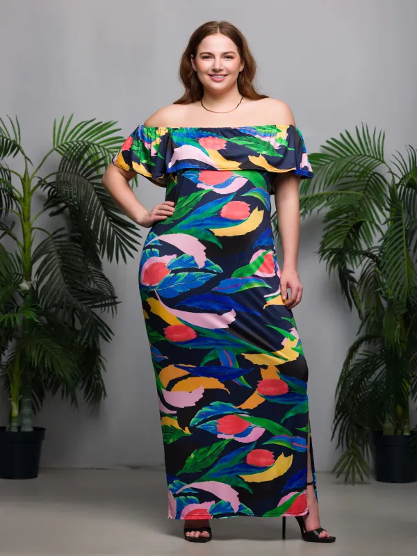 24seven Comfort Apparel Plus Size Off Shoulder Multicolor Print Side Slit Maxi Dress sold by 24/7 Comfort Apparel