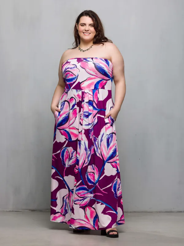 24seven Comfort Apparel Plus Size Purple Floral A Line Strapless Maxi Dress With Pockets sold by 24/7 Comfort Apparel
