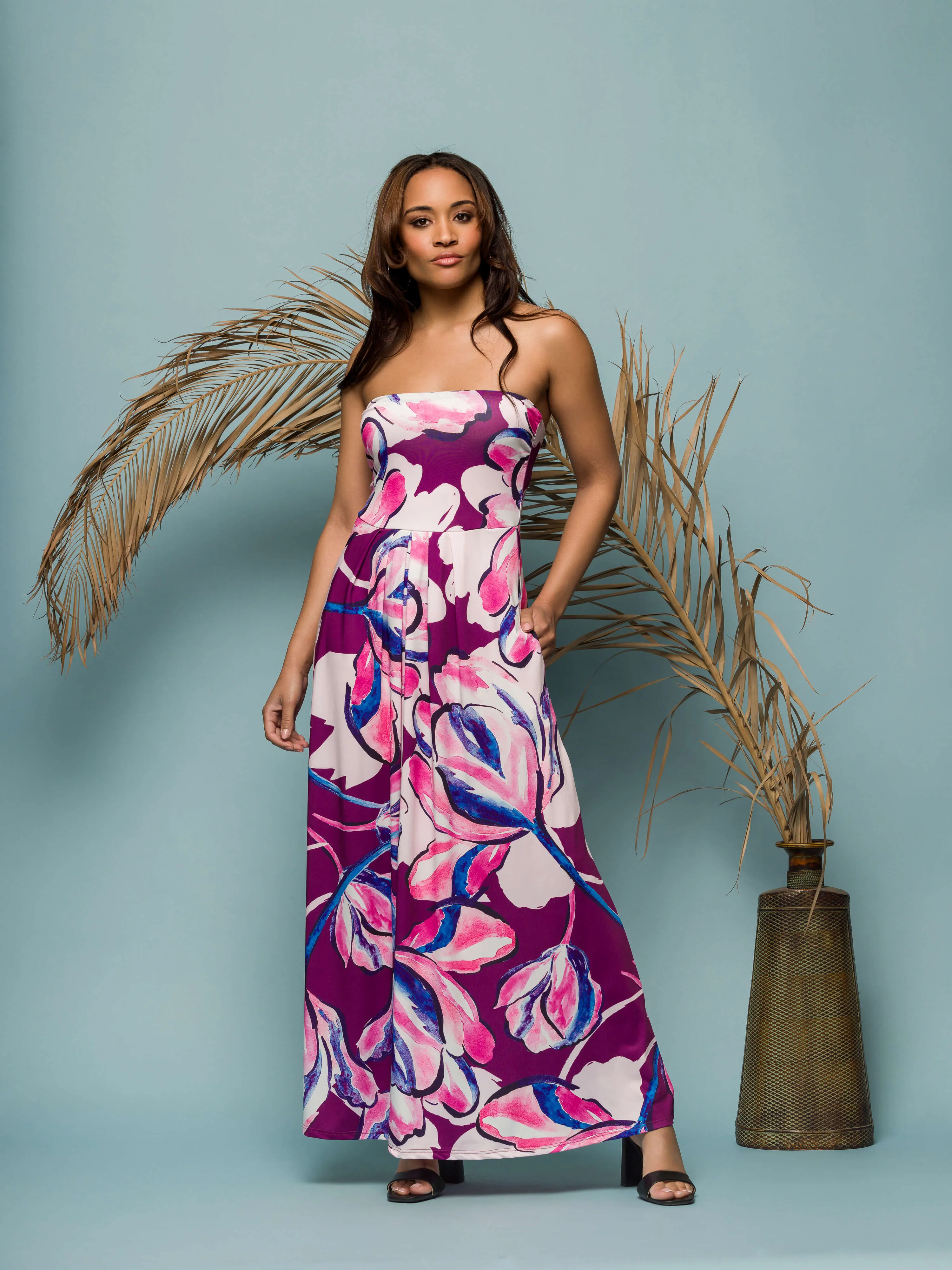 24seven Comfort Apparel Womens Purple Floral A Line Strapless Maxi Dress With Pockets sold by 24/7 Comfort Apparel product image thumbnail 2