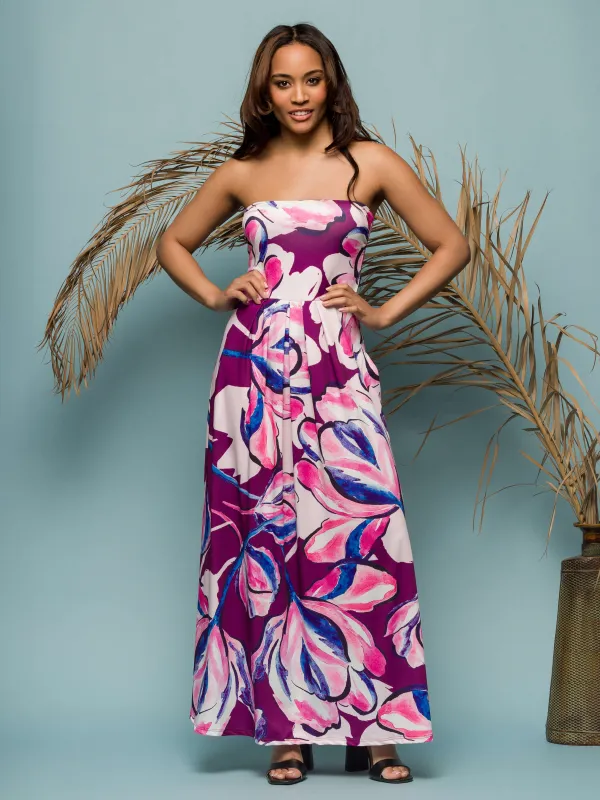 24seven Comfort Apparel Womens Purple Floral A Line Strapless Maxi Dress With Pockets sold by 24/7 Comfort Apparel
