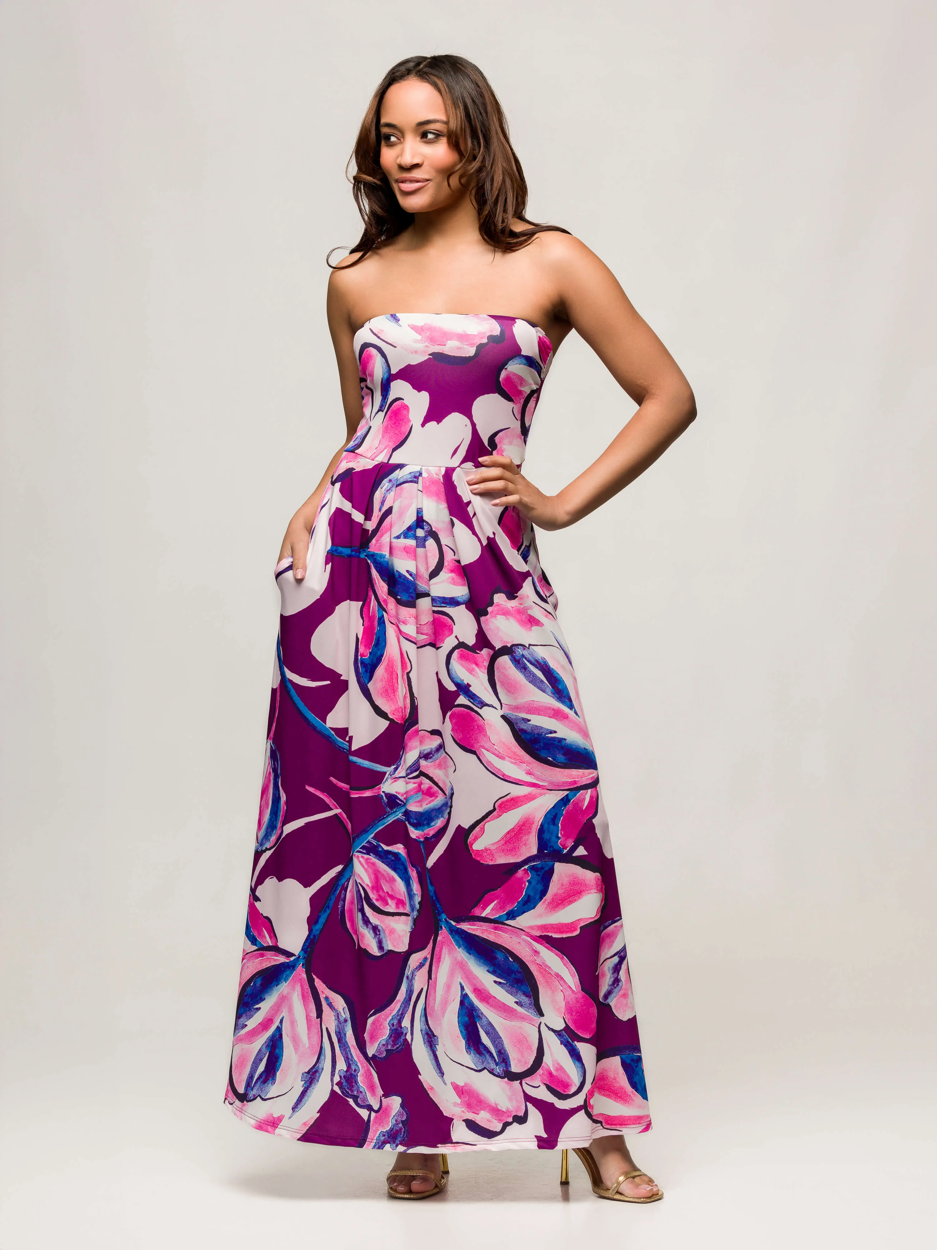 24seven Comfort Apparel Womens Purple Floral A Line Strapless Maxi Dress With Pockets sold by 24/7 Comfort Apparel product image thumbnail 5