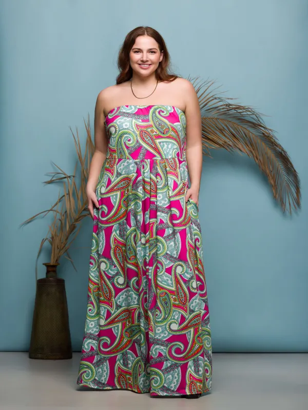 24seven Comfort Apparel Plus Size Pink Paisley A Line Strapless Maxi Dress With Pockets sold by 24/7 Comfort Apparel