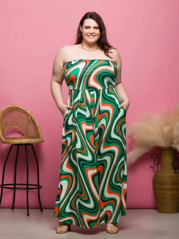 24seven Comfort Apparel Plus Size Green Print A Line Strapless Maxi Dress With Pockets sold by 24/7 Comfort Apparel