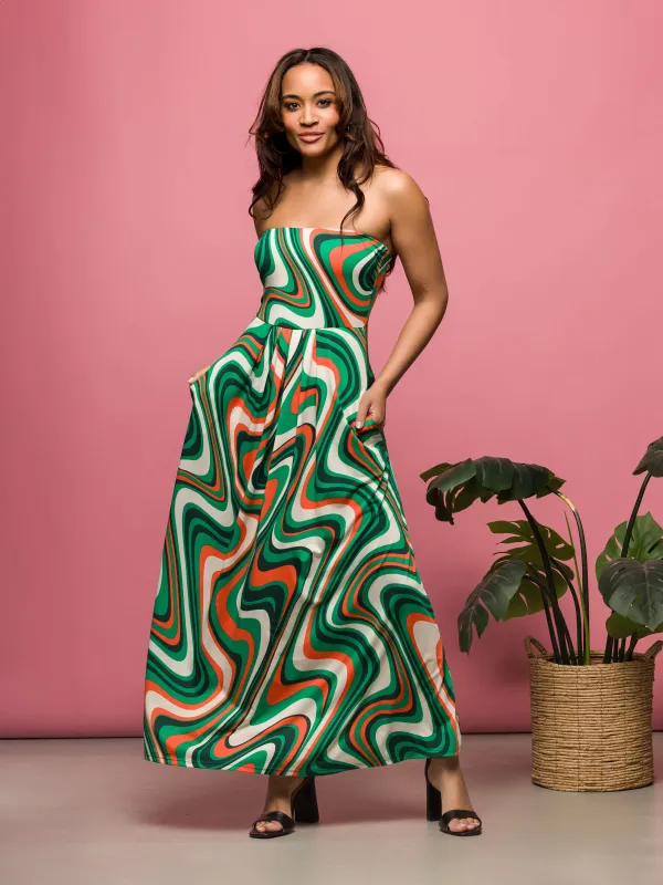 24seven Comfort Apparel Womens Green Print A Line Strapless Maxi Dress With Pockets sold by 24/7 Comfort Apparel