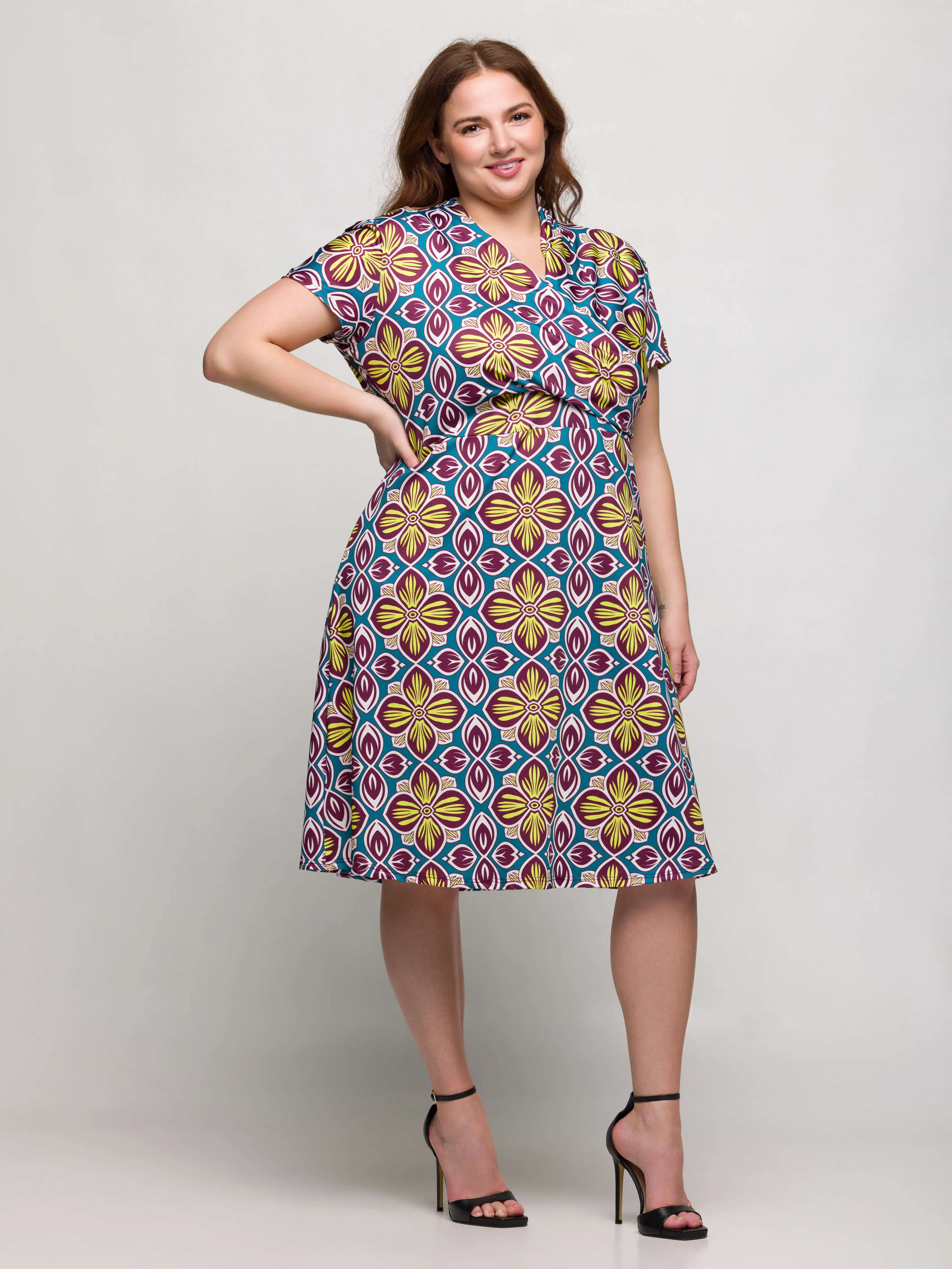 24seven Comfort Apparel Plus Size Floral Print Short Sleeve Knee Length V Neck Wrap Dress sold by 24/7 Comfort Apparel product image thumbnail 3