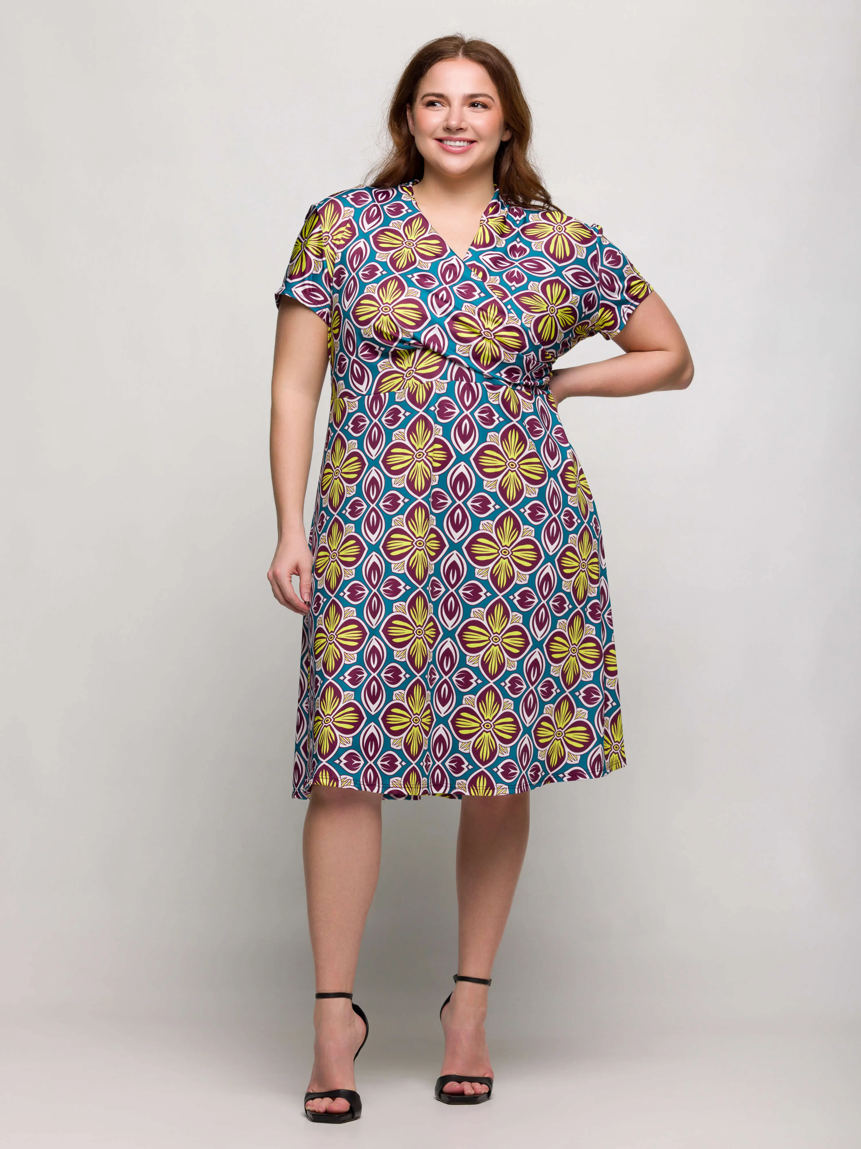 24seven Comfort Apparel Plus Size Floral Print Short Sleeve Knee Length V Neck Wrap Dress sold by 24/7 Comfort Apparel product image thumbnail 4