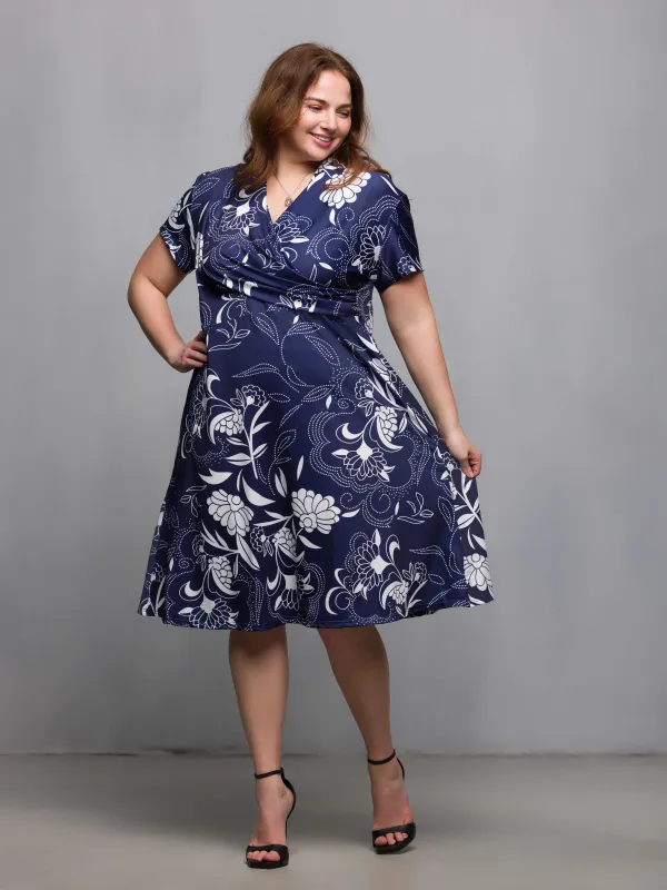 24seven Comfort Apparel Plus Size Navy Print Short Sleeve Knee Length V Neck Wrap Dress sold by 24/7 Comfort Apparel