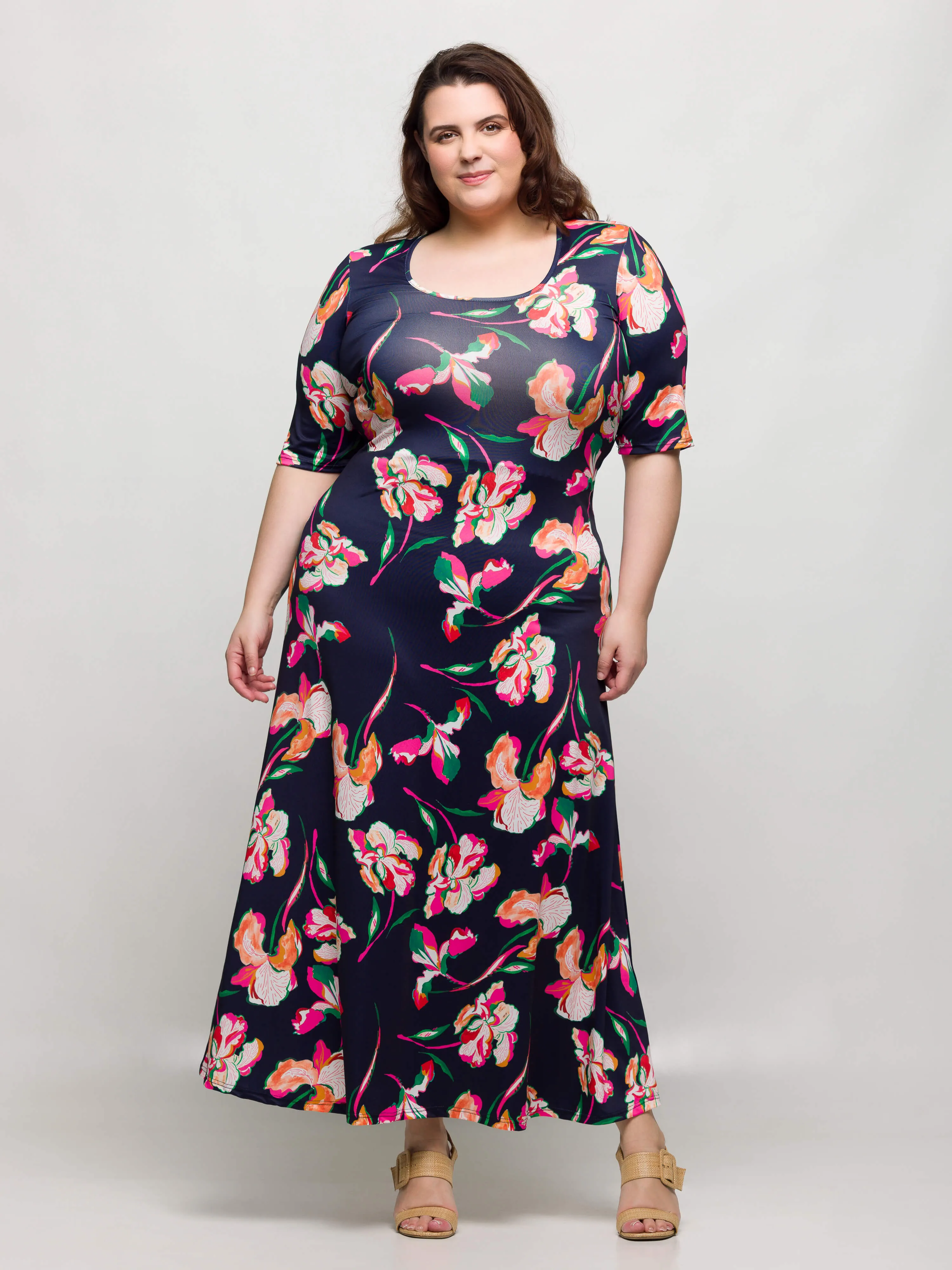 24seven Comfort Apparel Plus Size Navy Floral Print Elbow Sleeve Casual A Line Maxi Dress sold by 24/7 Comfort Apparel product image thumbnail 5