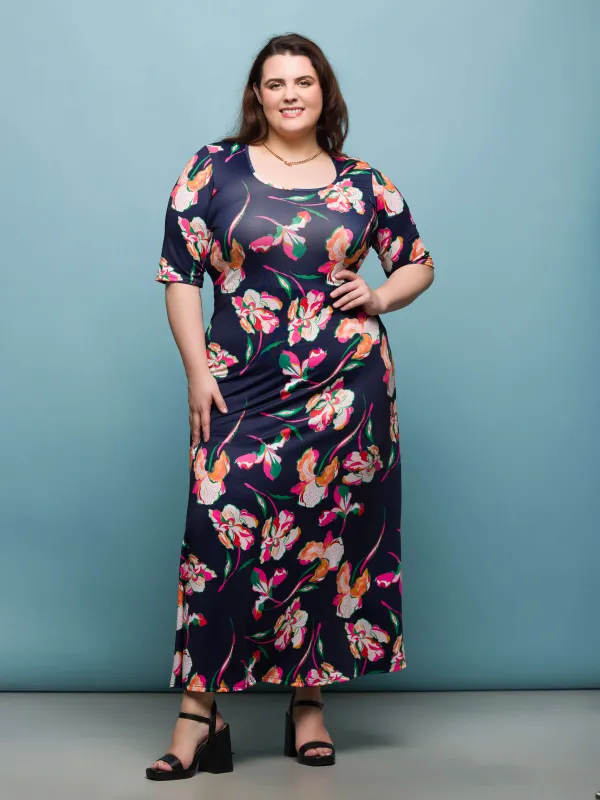 24seven Comfort Apparel Plus Size Navy Floral Print Elbow Sleeve Casual A Line Maxi Dress sold by 24/7 Comfort Apparel