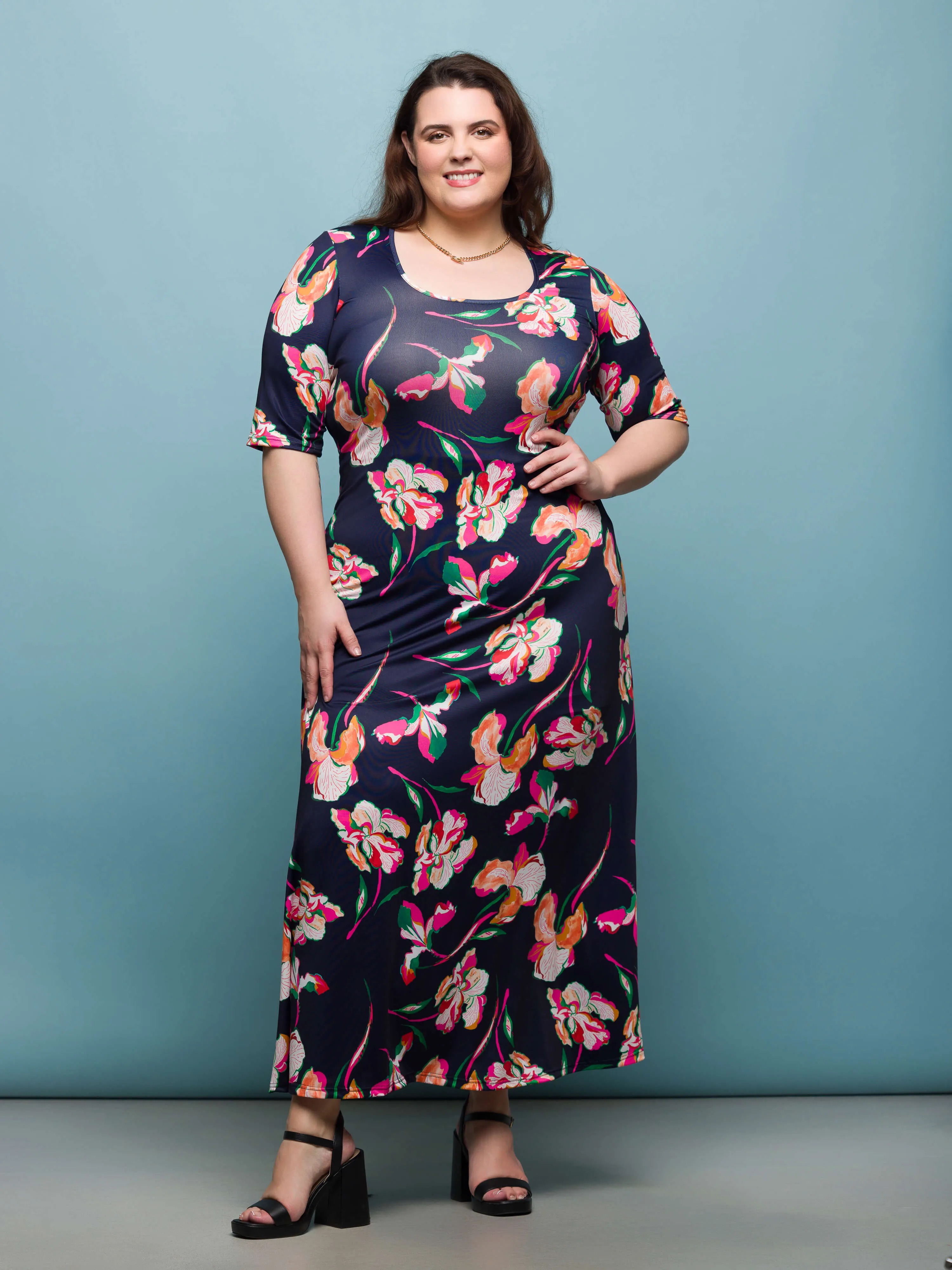 24seven Comfort Apparel Plus Size Navy Floral Print Elbow Sleeve Casual A Line Maxi Dress sold by 24/7 Comfort Apparel