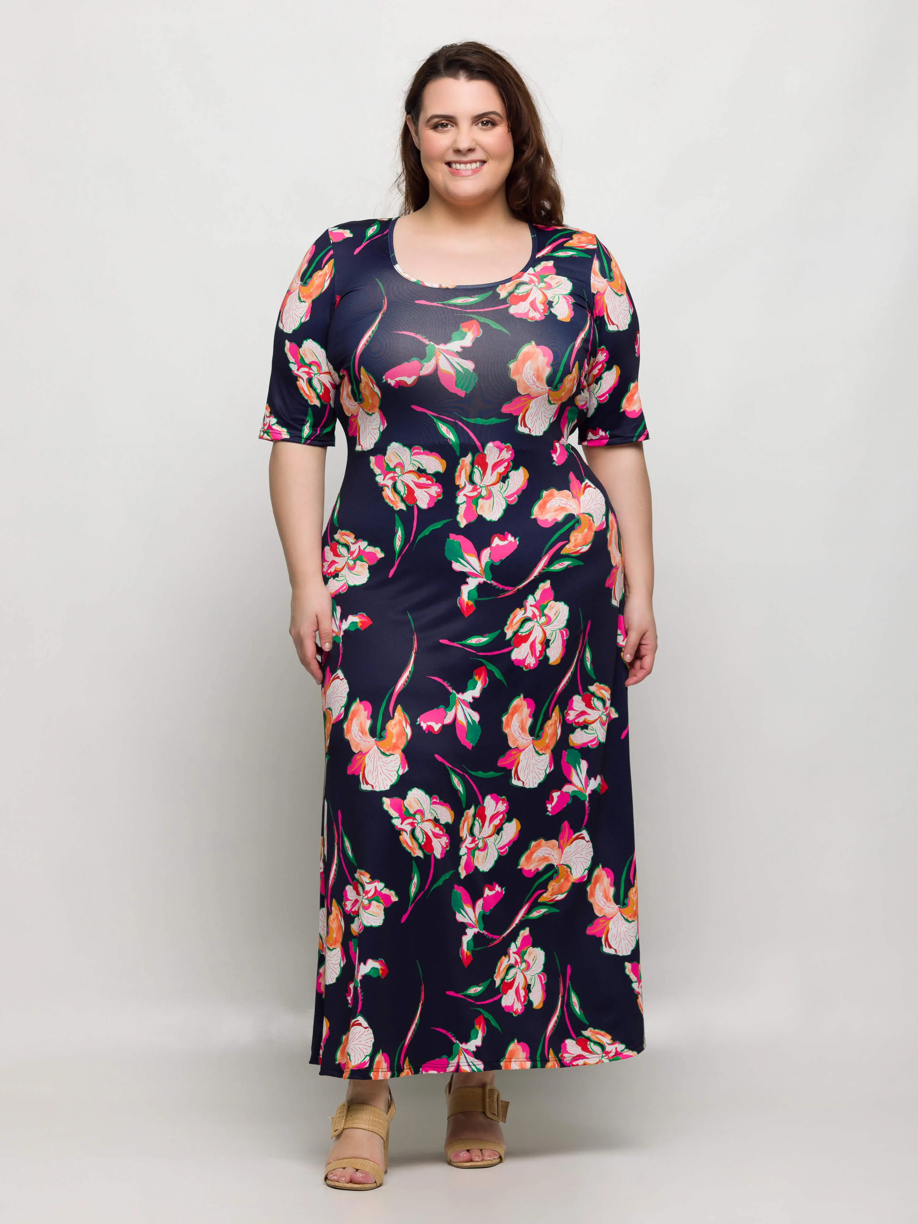 24seven Comfort Apparel Plus Size Navy Floral Print Elbow Sleeve Casual A Line Maxi Dress sold by 24/7 Comfort Apparel product image thumbnail 3