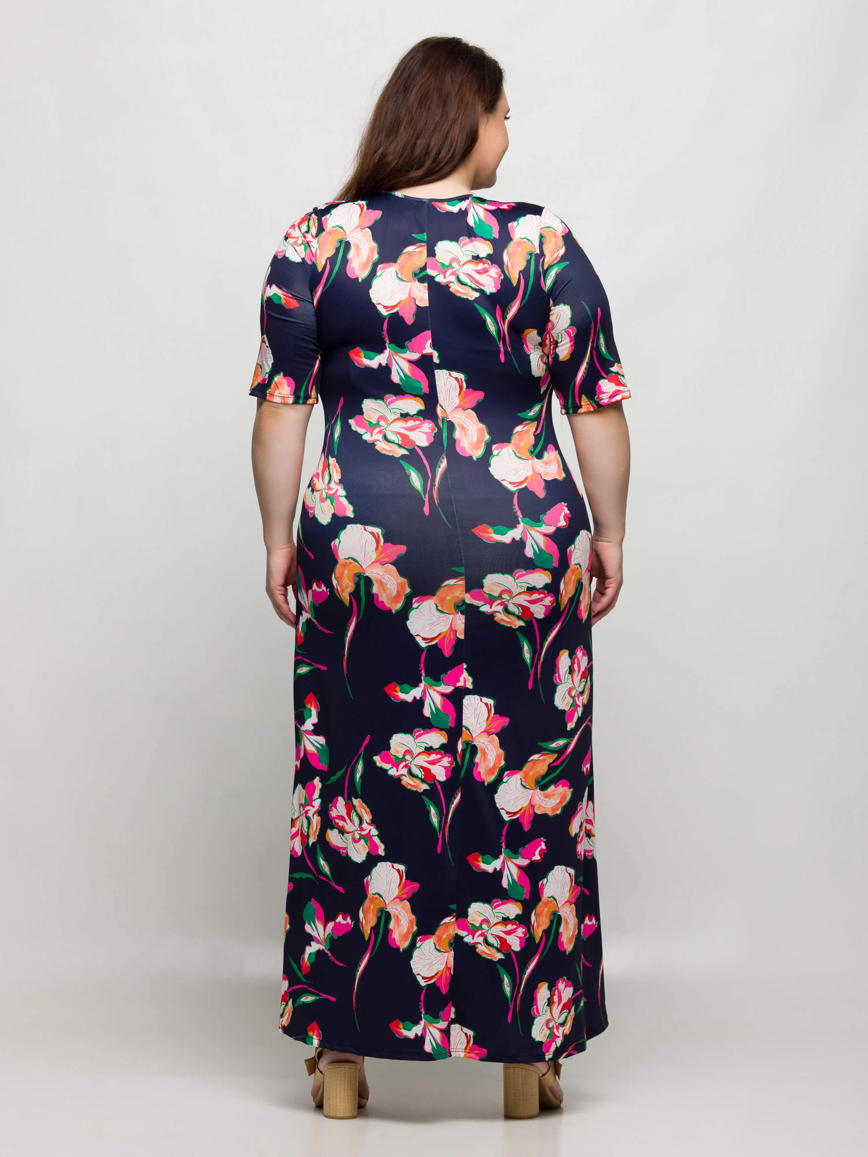 24seven Comfort Apparel Plus Size Navy Floral Print Elbow Sleeve Casual A Line Maxi Dress sold by 24/7 Comfort Apparel product image thumbnail 4