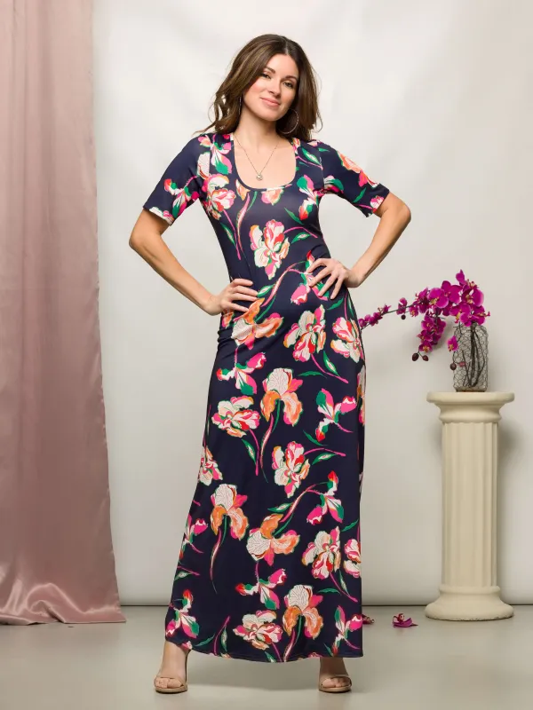 24seven Comfort Apparel Navy Floral Print Elbow Sleeve Casual A Line Maxi Dress sold by 24/7 Comfort Apparel