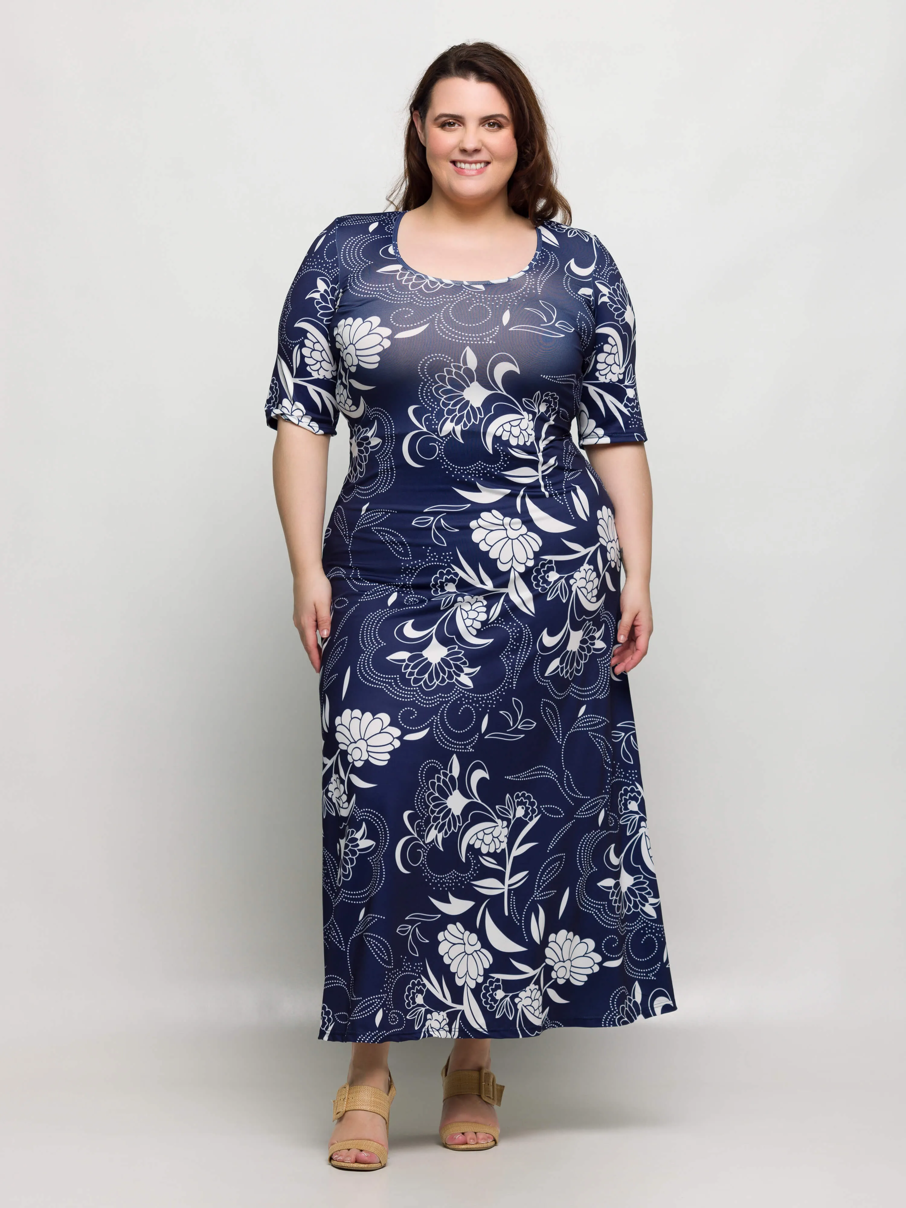 24seven Comfort Apparel Plus Size Blue Floral Print Elbow Sleeve Casual A Line Maxi Dress sold by 24/7 Comfort Apparel product image thumbnail 5
