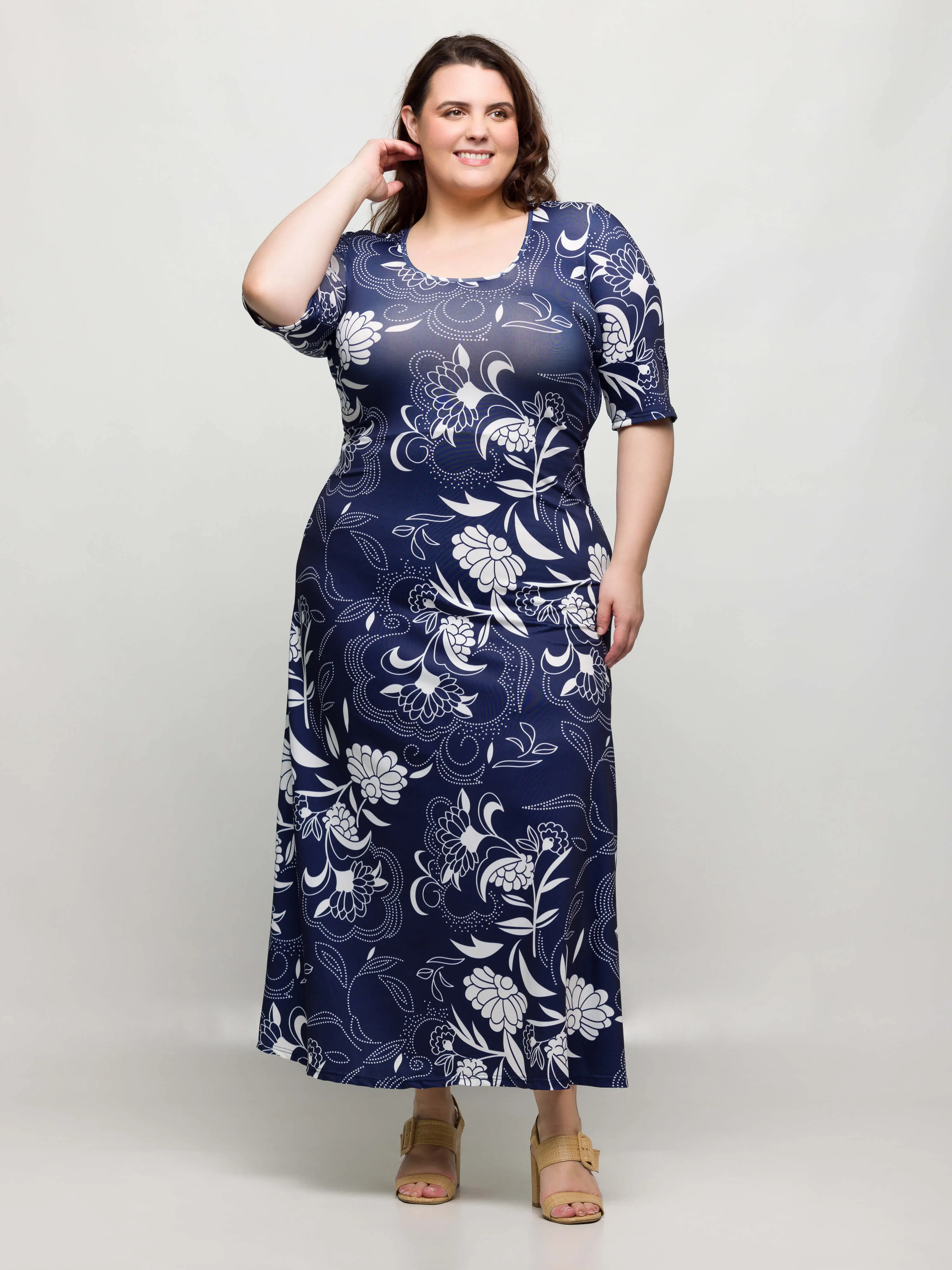 24seven Comfort Apparel Plus Size Blue Floral Print Elbow Sleeve Casual A Line Maxi Dress sold by 24/7 Comfort Apparel product image thumbnail 4