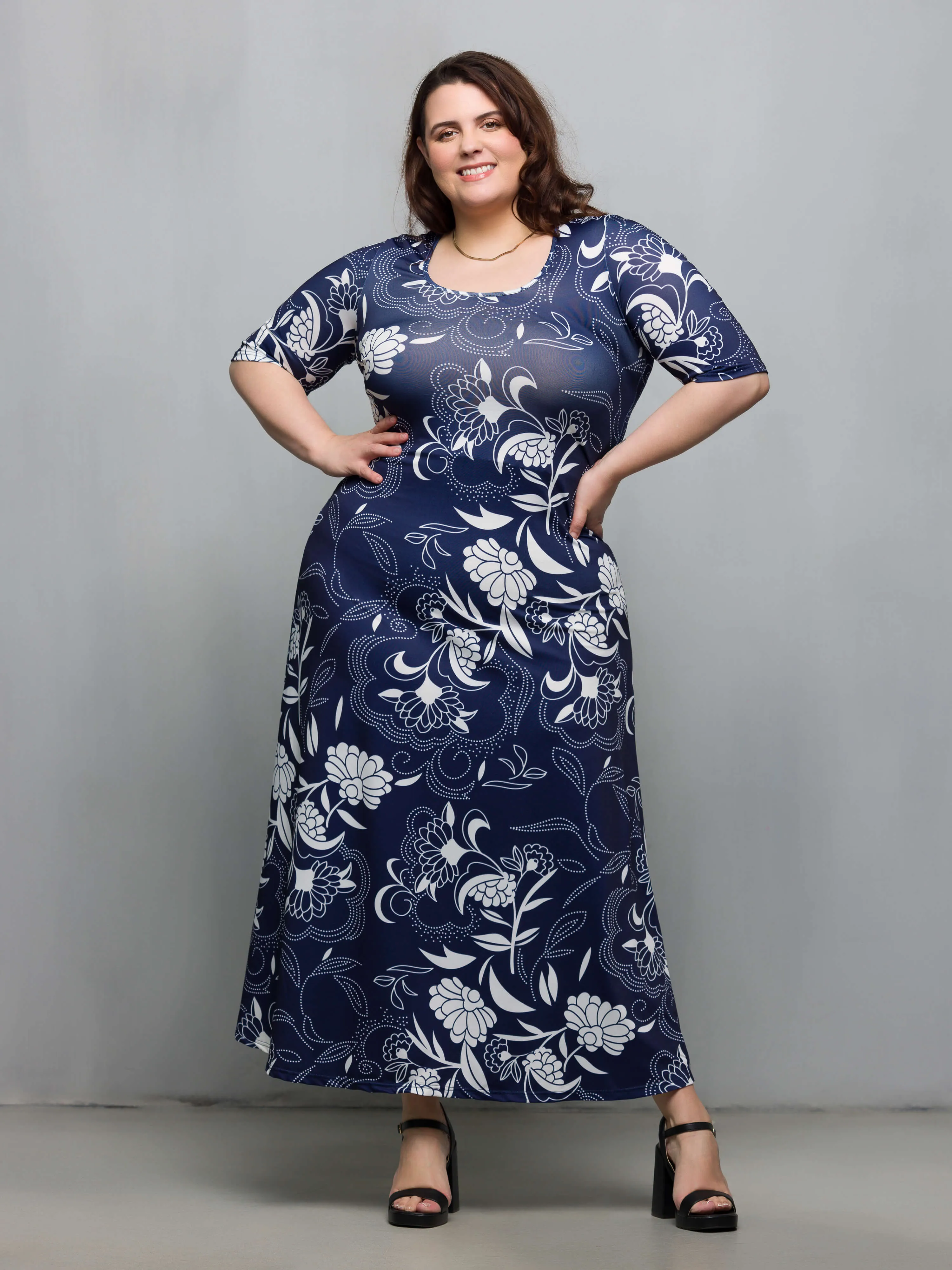 24seven Comfort Apparel Plus Size Blue Floral Print Elbow Sleeve Casual A Line Maxi Dress sold by 24/7 Comfort Apparel product image thumbnail 2
