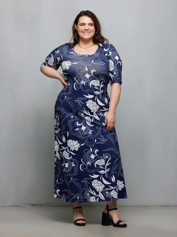 24seven Comfort Apparel Plus Size Blue Floral Print Elbow Sleeve Casual A Line Maxi Dress sold by 24/7 Comfort Apparel