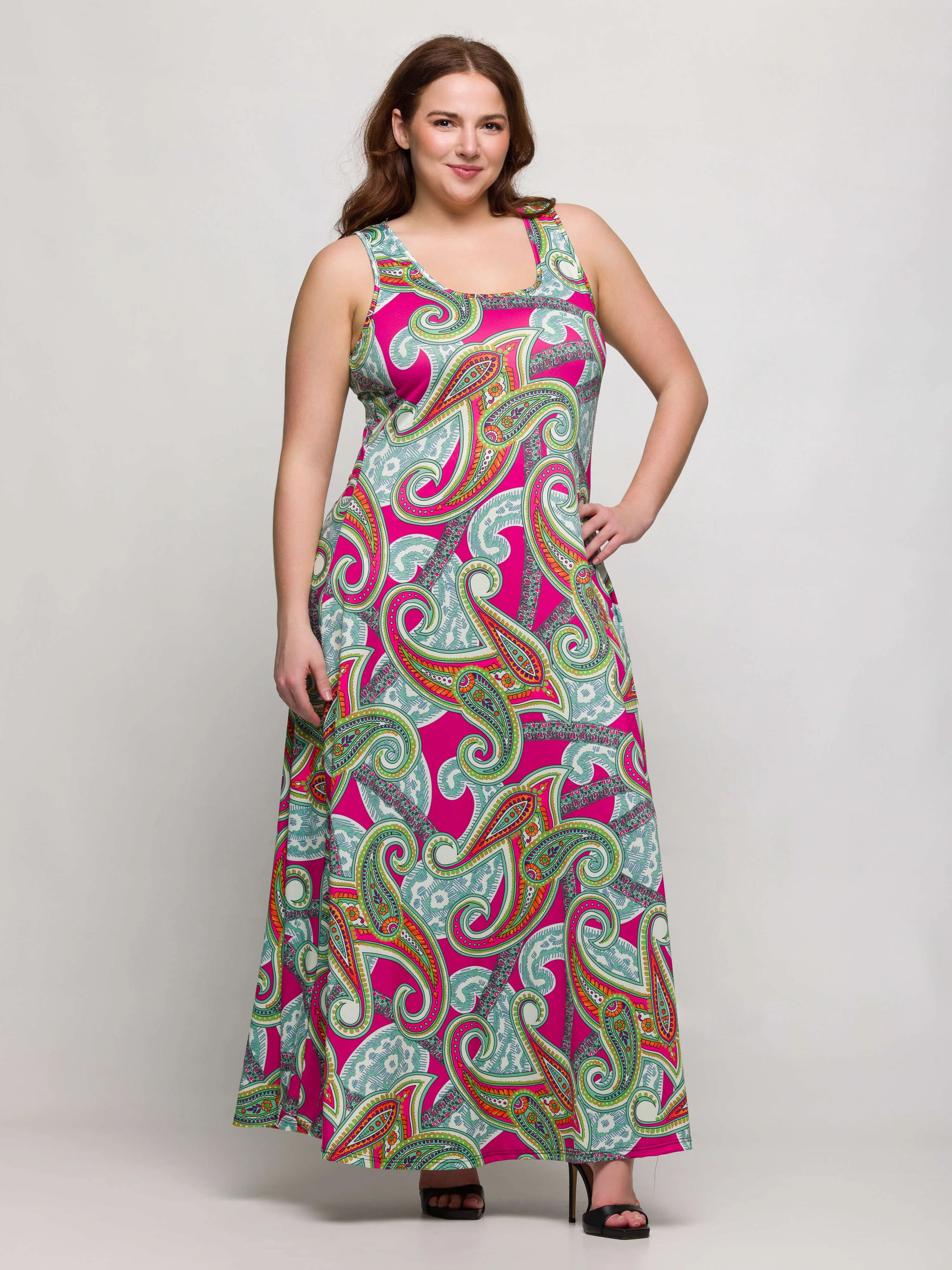 24seven Comfort Apparel Plus Size Hot Pink Paisley Print Scoop Neck A Line Sleeveless Maxi Dress sold by 24/7 Comfort Apparel product image thumbnail 3