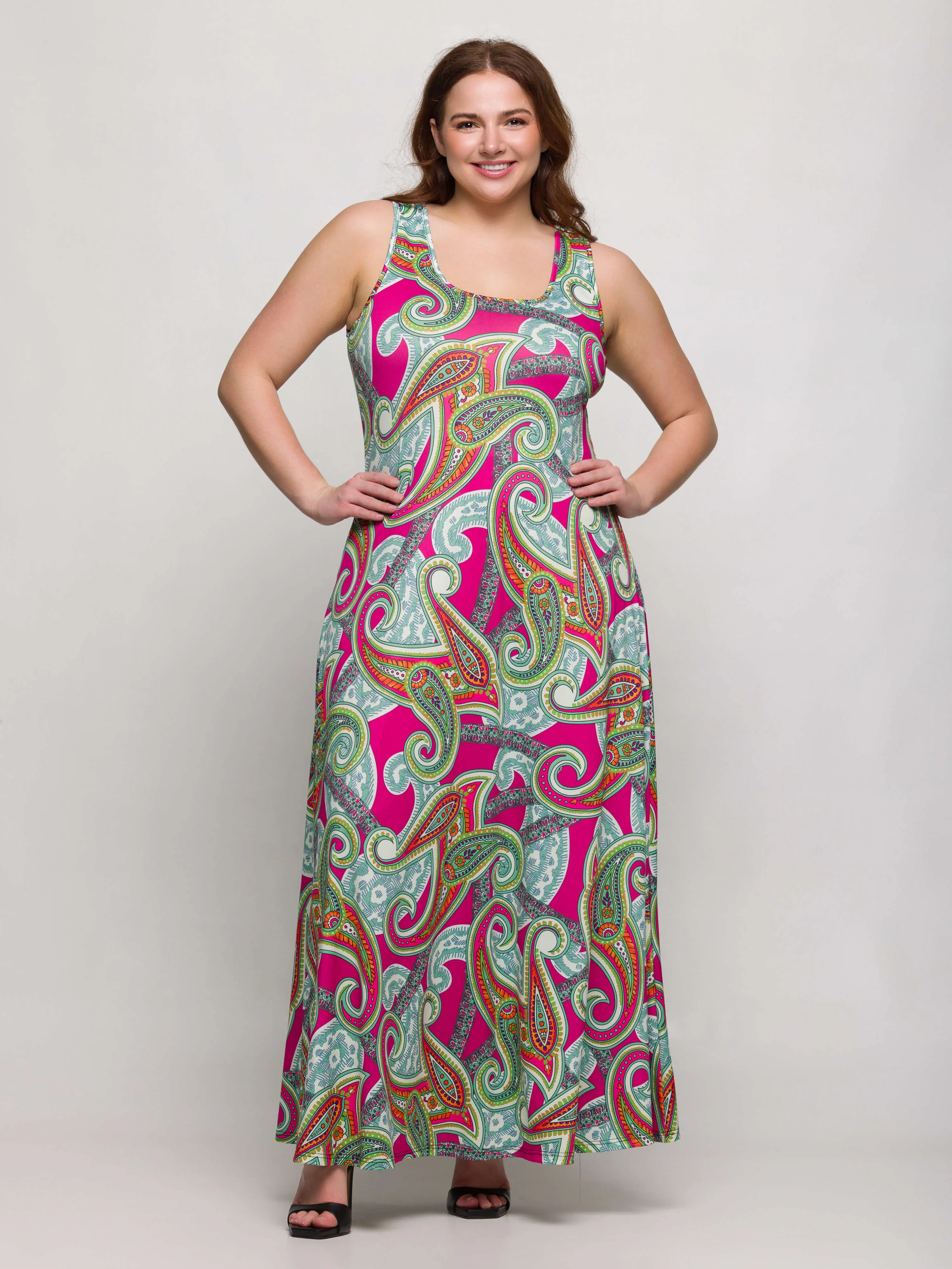 24seven Comfort Apparel Plus Size Hot Pink Paisley Print Scoop Neck A Line Sleeveless Maxi Dress sold by 24/7 Comfort Apparel product image thumbnail 4