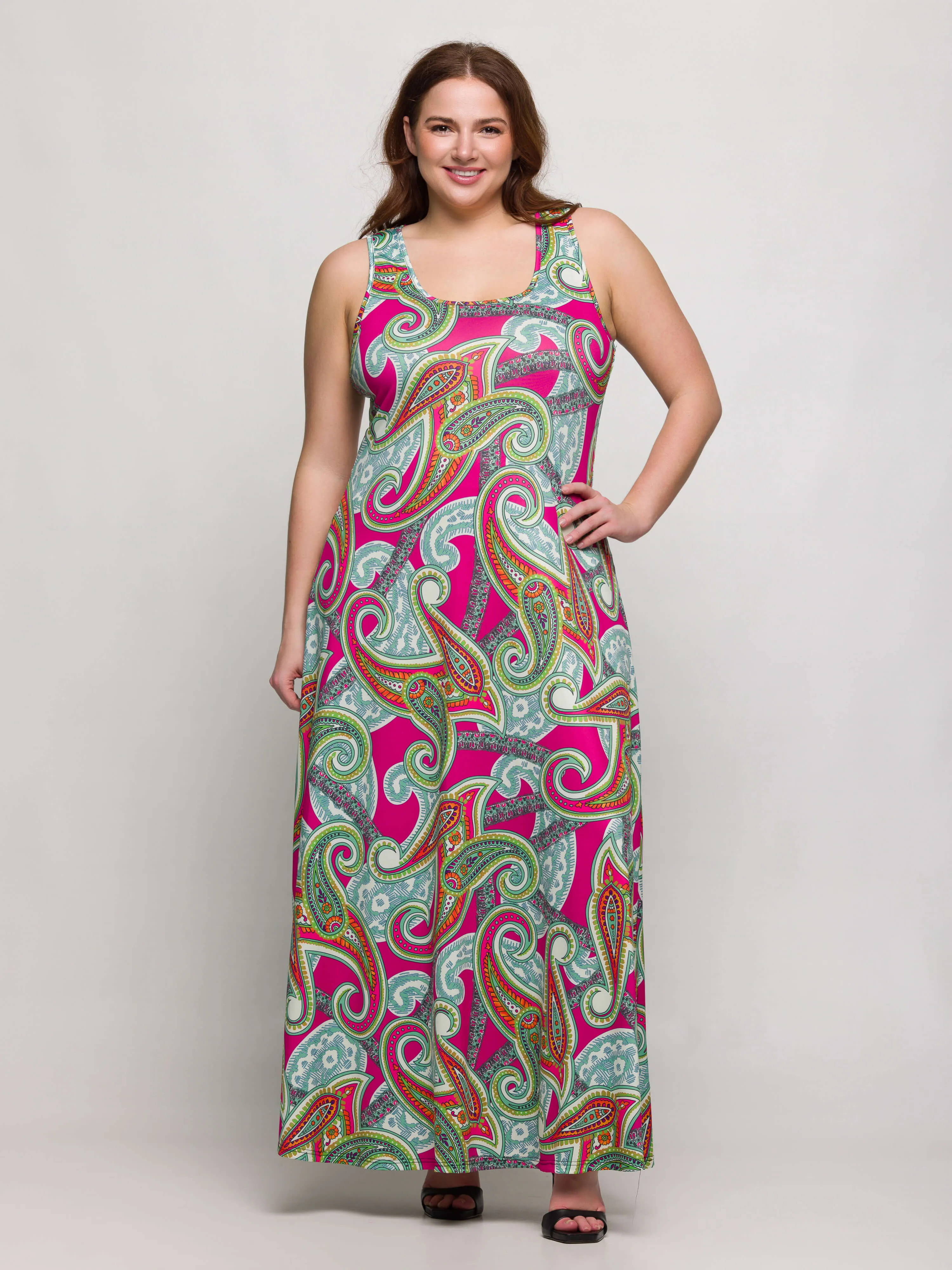 24seven Comfort Apparel Plus Size Hot Pink Paisley Print Scoop Neck A Line Sleeveless Maxi Dress sold by 24/7 Comfort Apparel product image thumbnail 5
