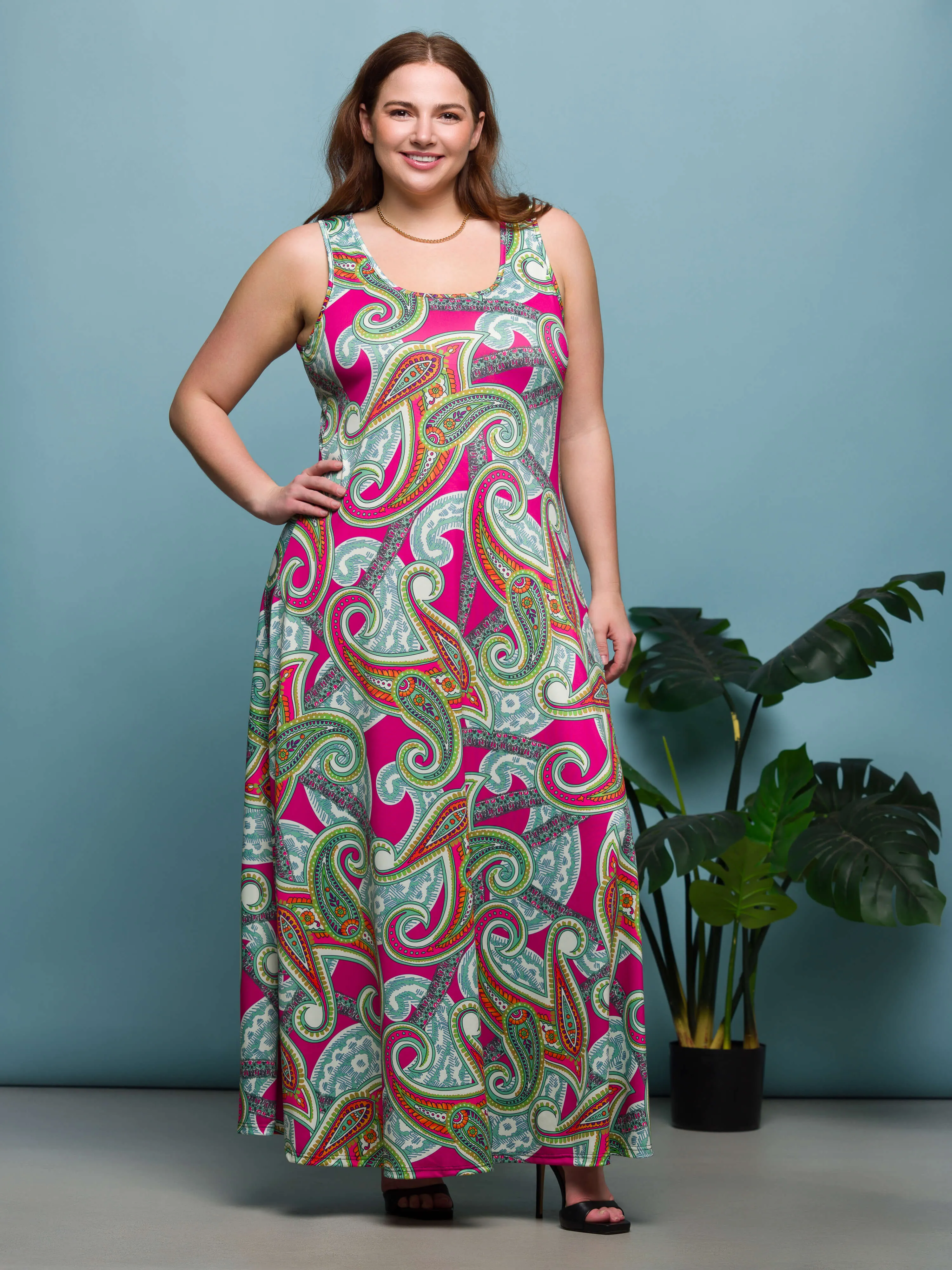 24seven Comfort Apparel Plus Size Hot Pink Paisley Print Scoop Neck A Line Sleeveless Maxi Dress sold by 24/7 Comfort Apparel product image thumbnail 2