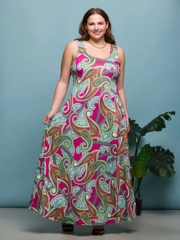 24seven Comfort Apparel Plus Size Hot Pink Paisley Print Scoop Neck A Line Sleeveless Maxi Dress sold by 24/7 Comfort Apparel
