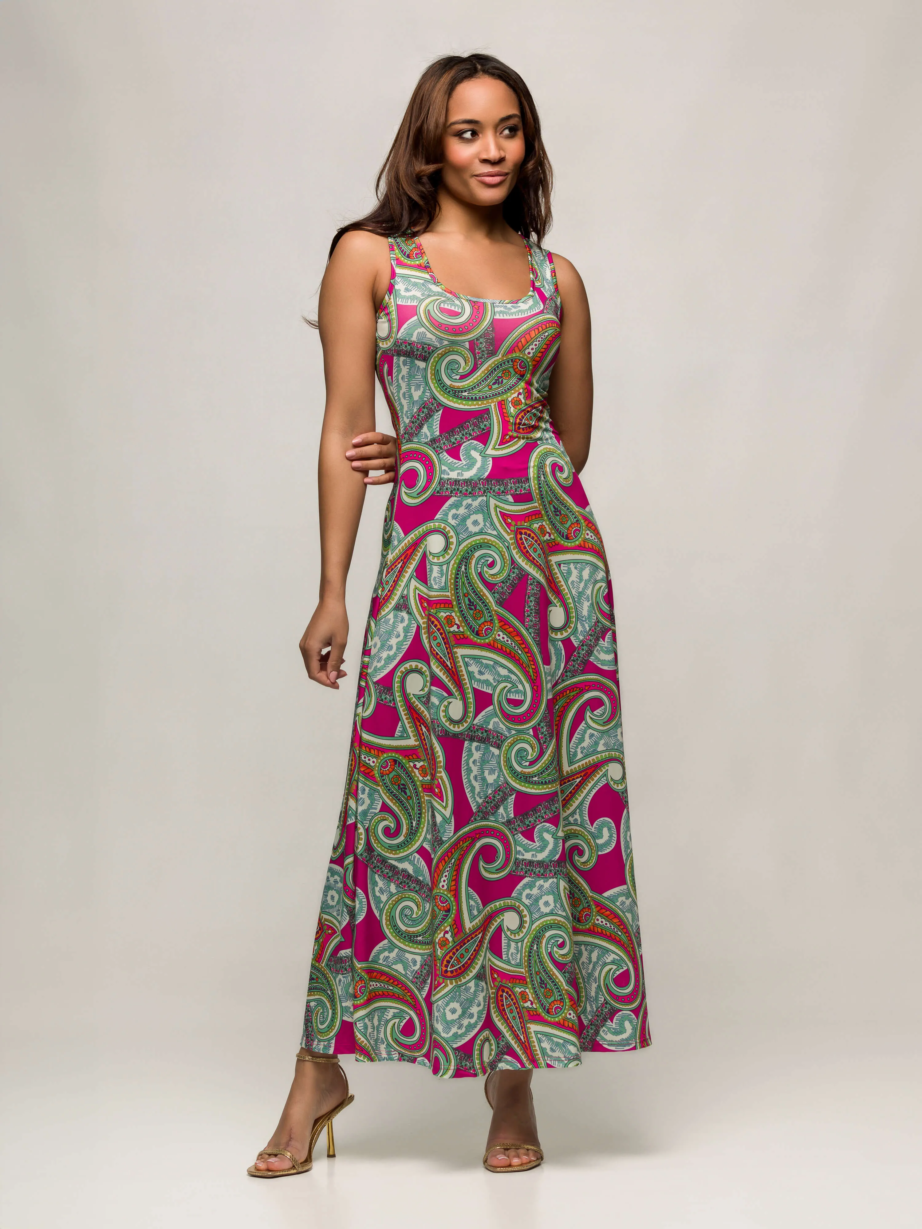 24seven Comfort Apparel Womens Hot Pink Paisley Print Scoop Neck A Line Sleeveless Maxi Dress sold by 24/7 Comfort Apparel product image thumbnail 5