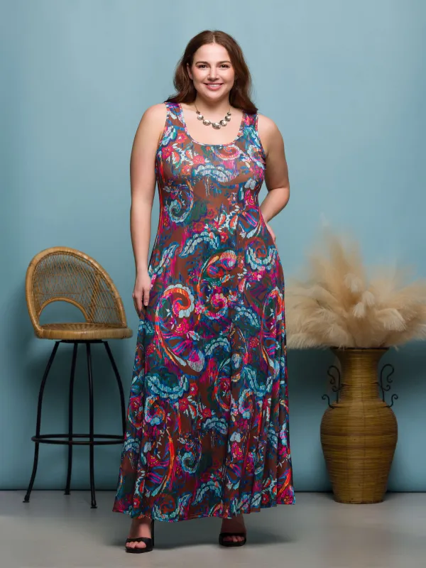 24seven Comfort Apparel Plus Size Pink and Brown Print Scoop Neck A Line Sleeveless Maxi Dress sold by 24/7 Comfort Apparel