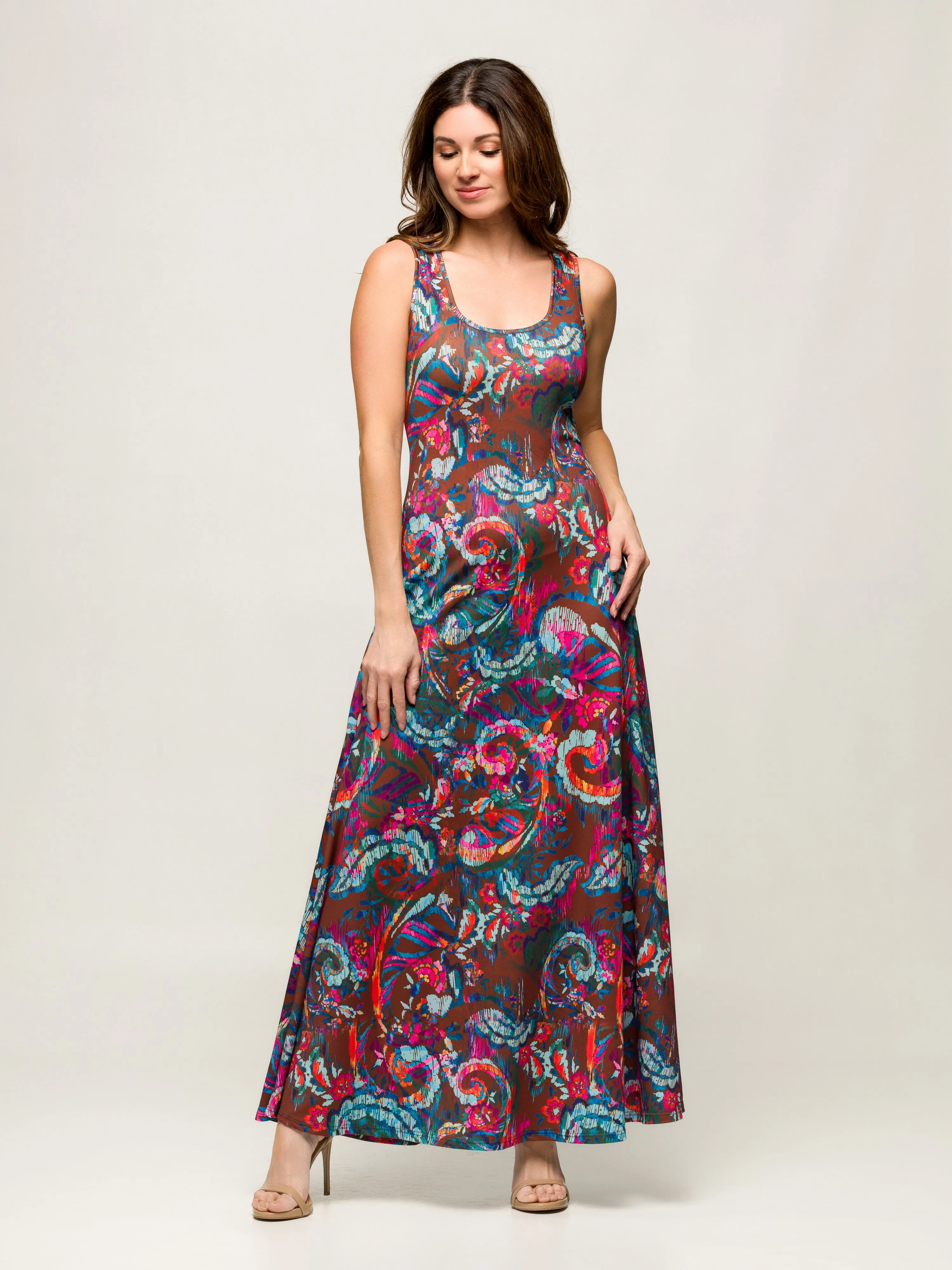 24seven Comfort Apparel Womens Pink and Brown Print Scoop Neck A Line Sleeveless Maxi Dress sold by 24/7 Comfort Apparel product image thumbnail 5