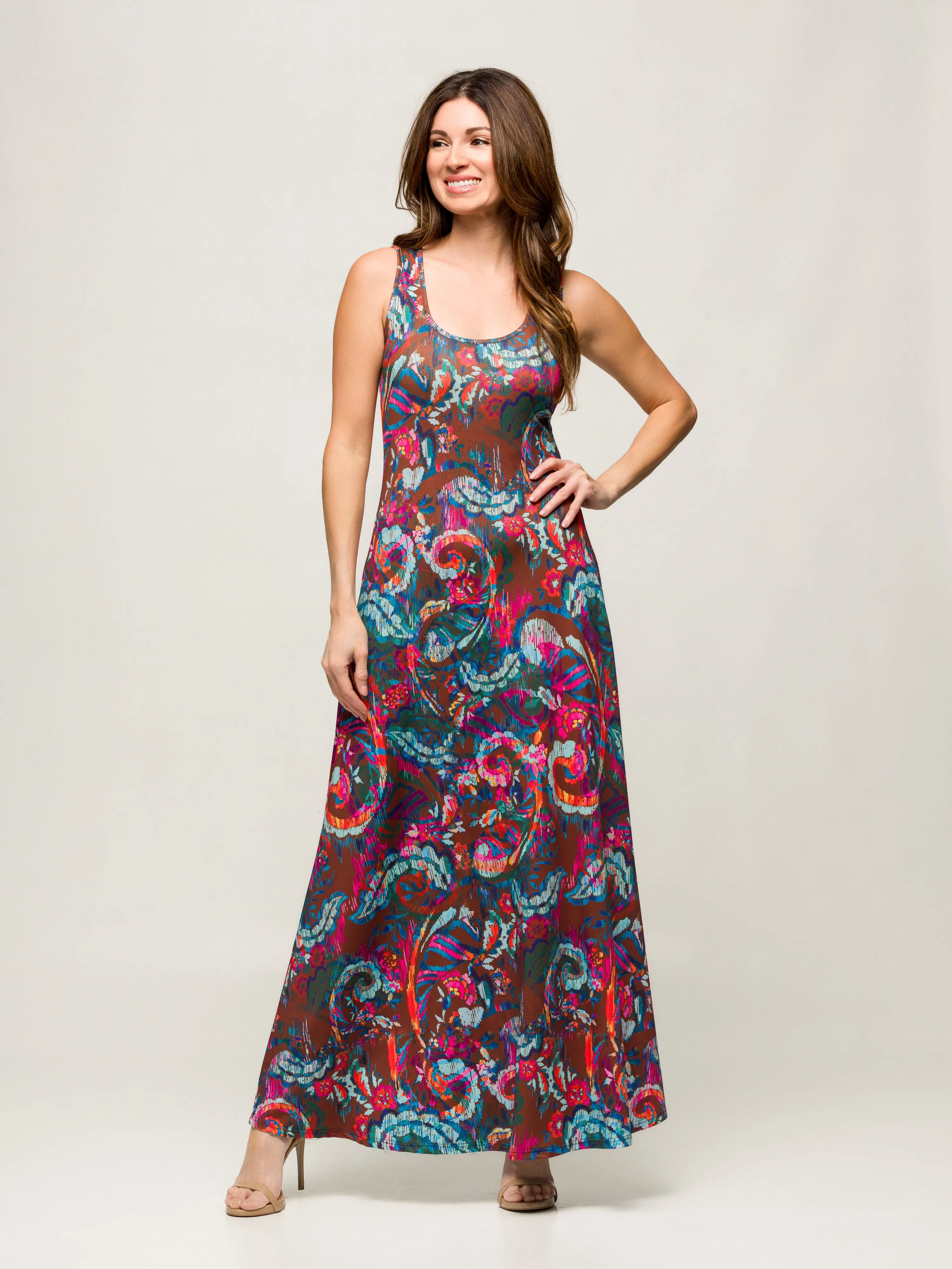 24seven Comfort Apparel Womens Pink and Brown Print Scoop Neck A Line Sleeveless Maxi Dress sold by 24/7 Comfort Apparel product image thumbnail 3