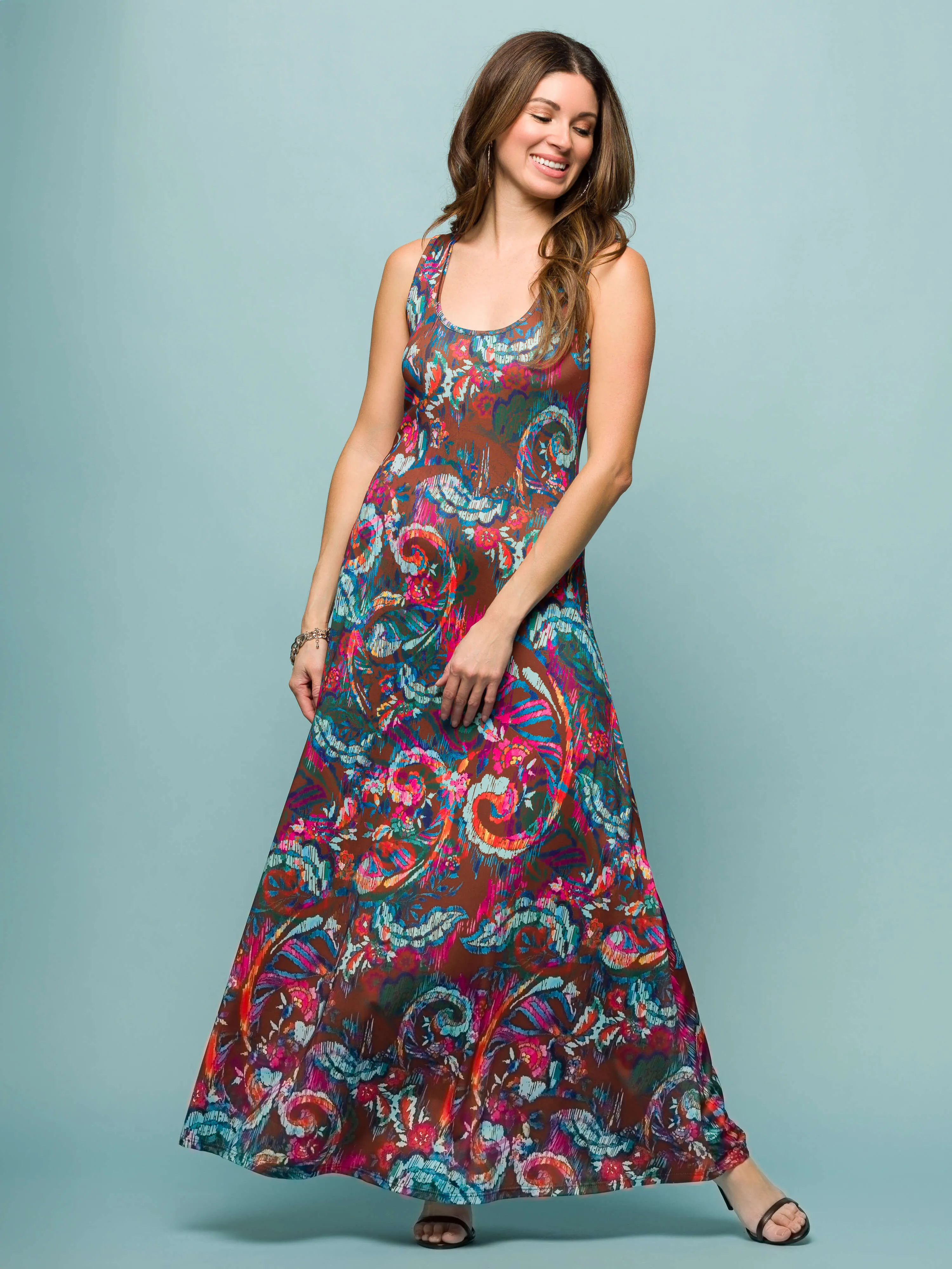 24seven Comfort Apparel Womens Pink and Brown Print Scoop Neck A Line Sleeveless Maxi Dress sold by 24/7 Comfort Apparel