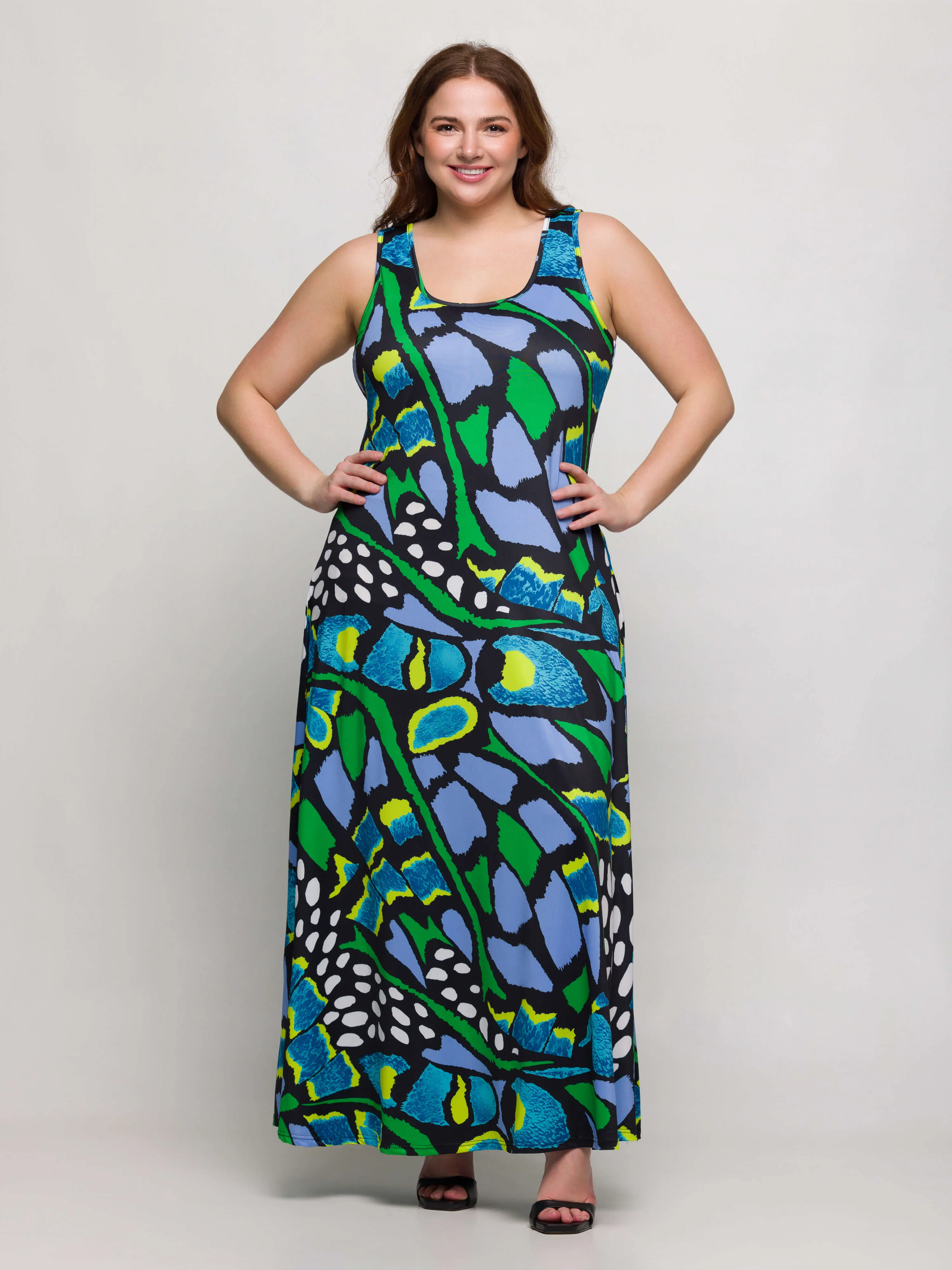 24seven Comfort Apparel Plus Size Blue Butterfly Print Scoop Neck A Line Sleeveless Maxi Dress sold by 24/7 Comfort Apparel product image thumbnail 3