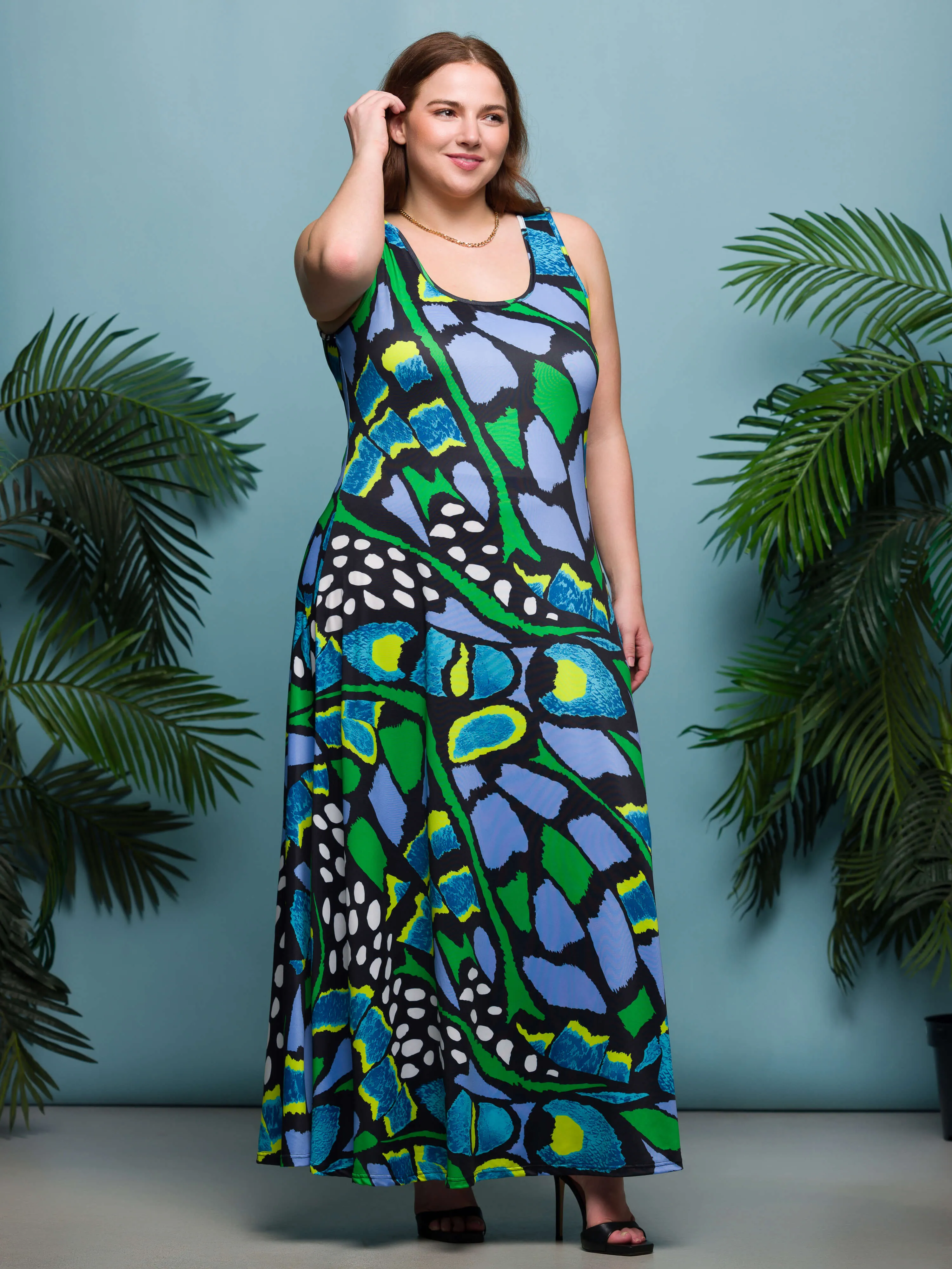 24seven Comfort Apparel Plus Size Blue Butterfly Print Scoop Neck A Line Sleeveless Maxi Dress sold by 24/7 Comfort Apparel product image thumbnail 2