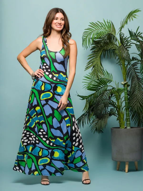 24seven Comfort Apparel Womens Blue Butterfly Print Scoop Neck A Line Sleeveless Maxi Dress sold by 24/7 Comfort Apparel
