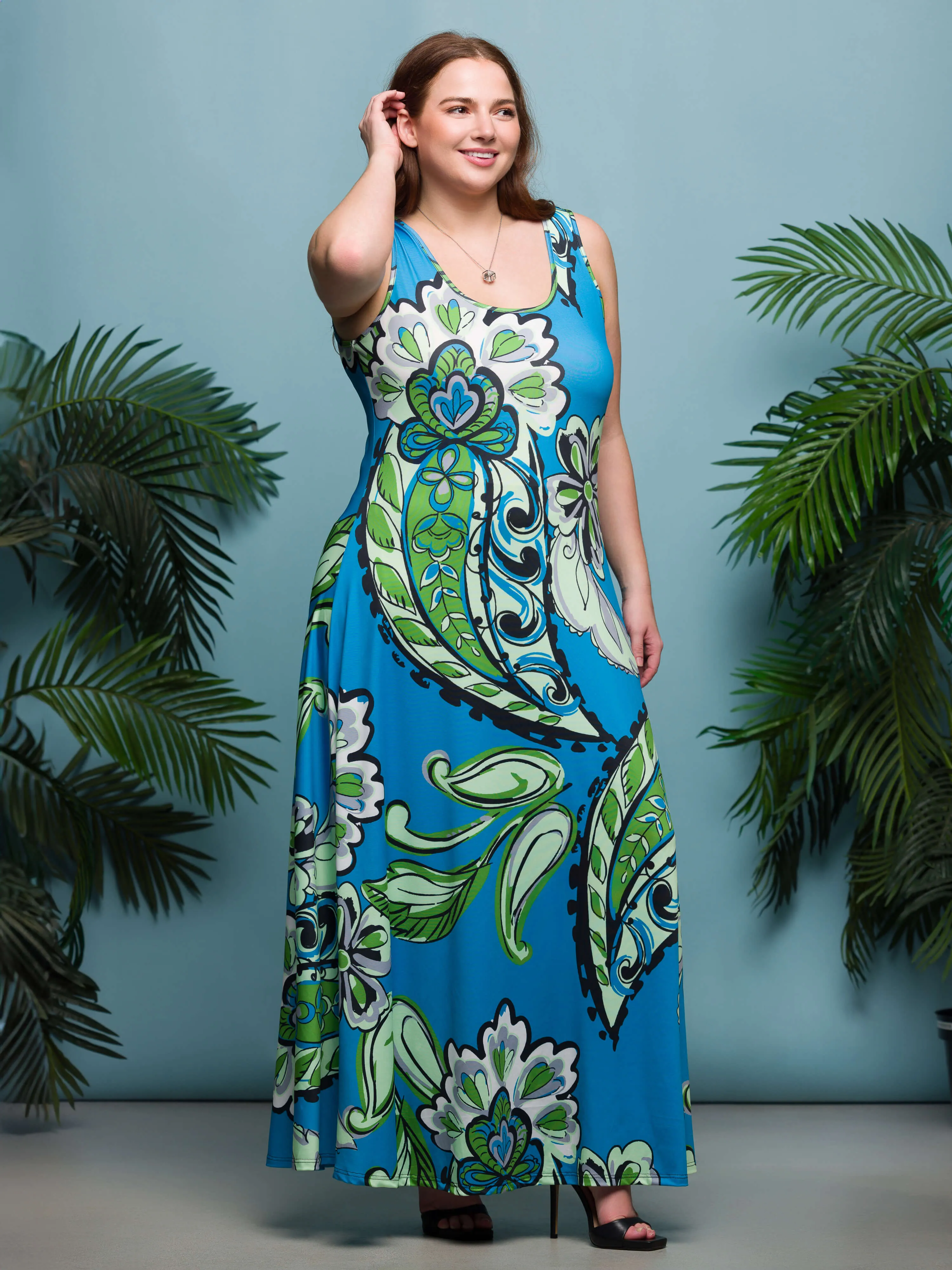 24seven Comfort Apparel Plus Size Blue Paisley Print Scoop Neck A Line Sleeveless Maxi Dress sold by 24/7 Comfort Apparel product image thumbnail 2