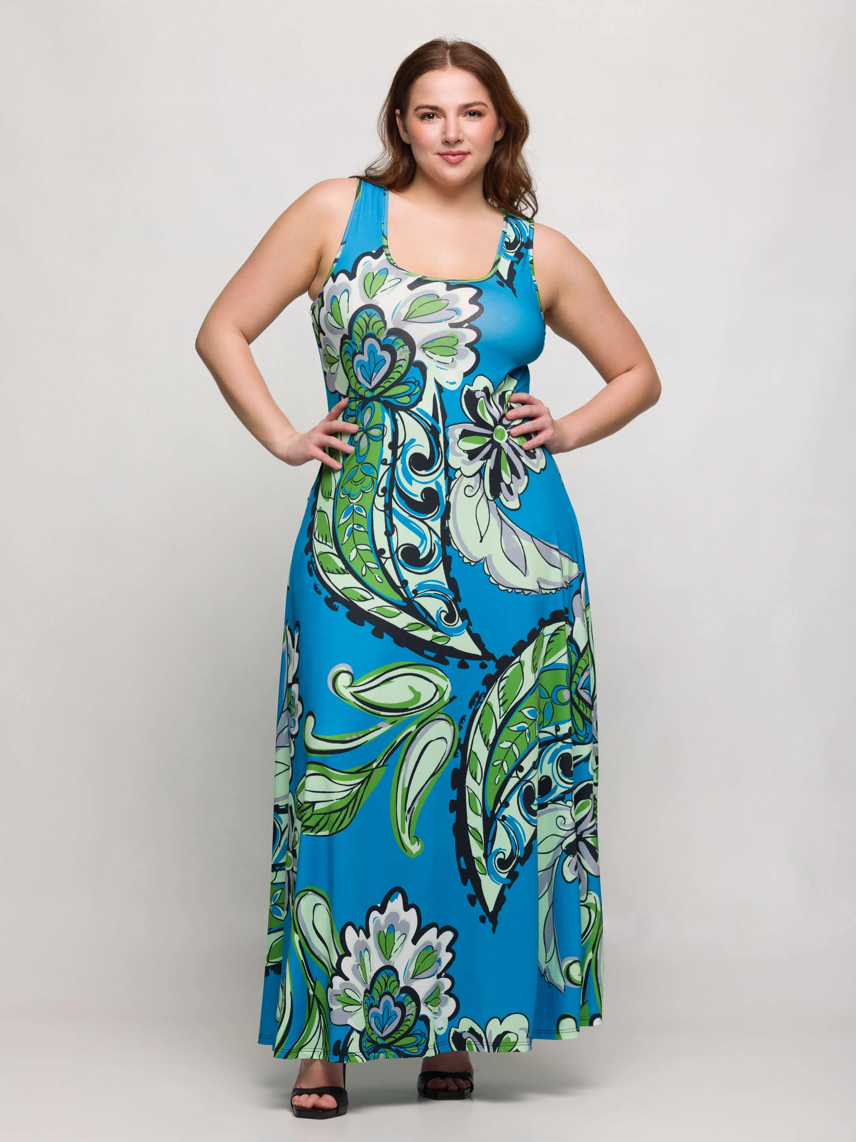 24seven Comfort Apparel Plus Size Blue Paisley Print Scoop Neck A Line Sleeveless Maxi Dress sold by 24/7 Comfort Apparel product image thumbnail 3