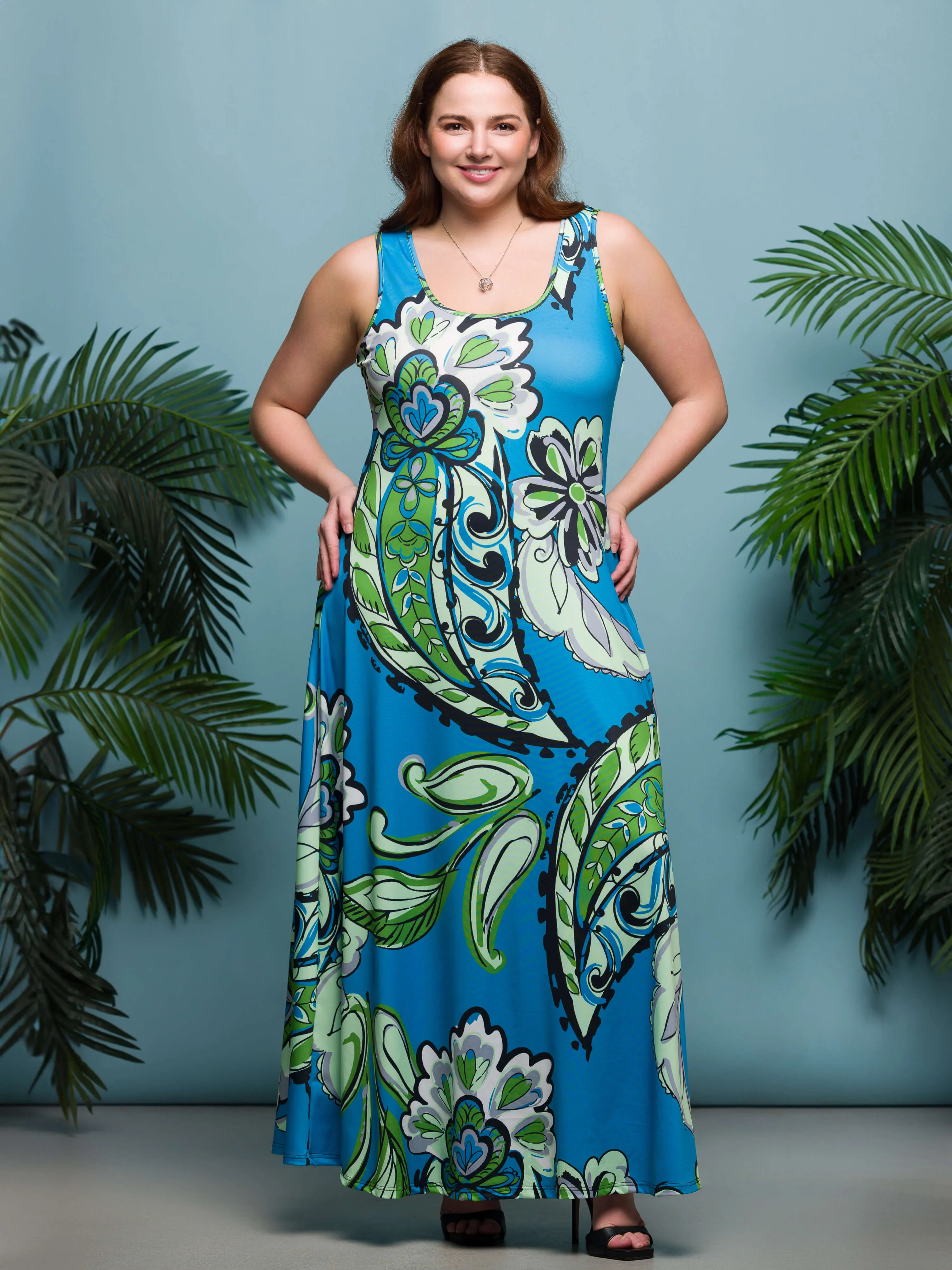 24seven Comfort Apparel Plus Size Blue Paisley Print Scoop Neck A Line Sleeveless Maxi Dress sold by 24/7 Comfort Apparel