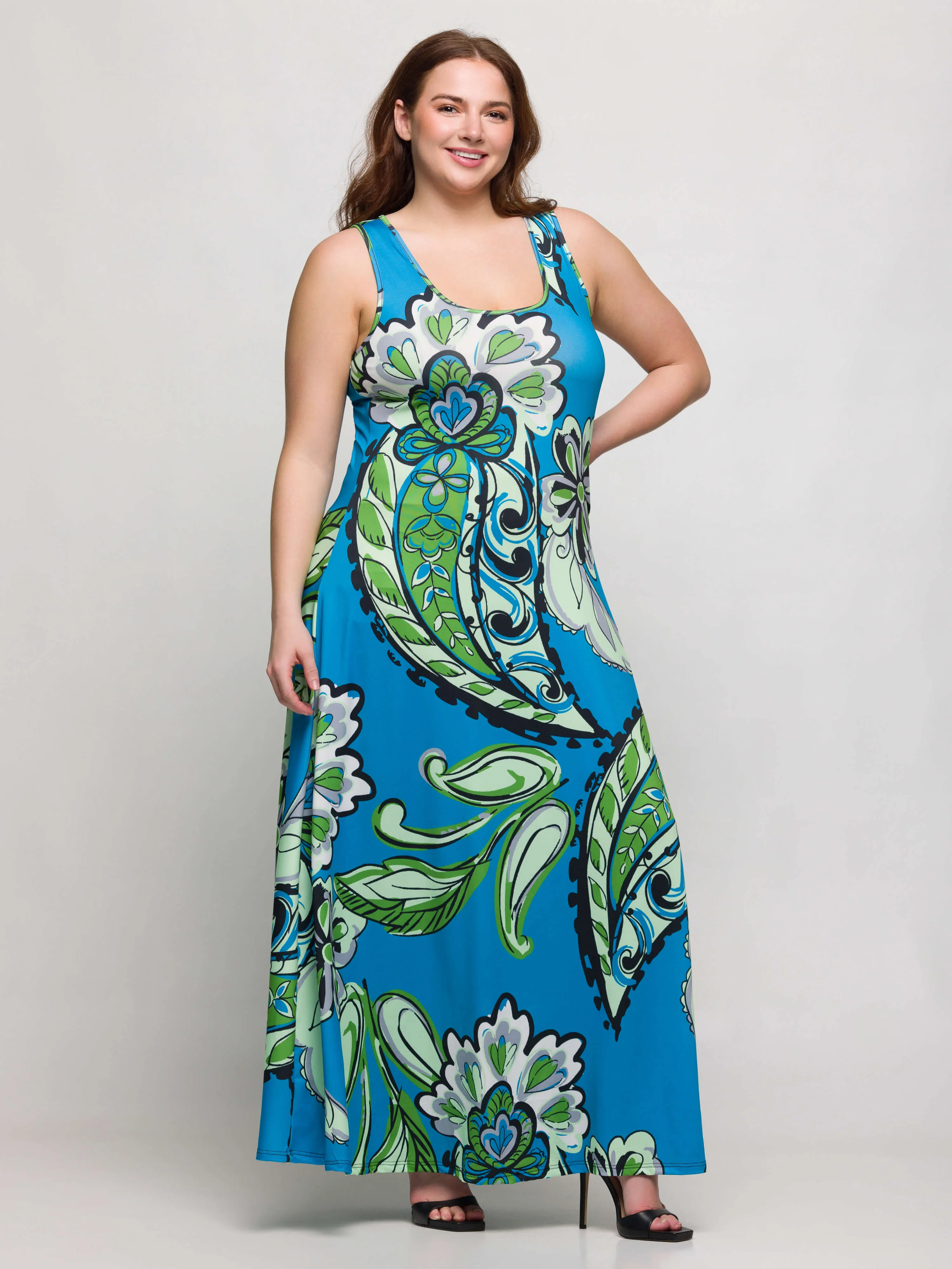 24seven Comfort Apparel Plus Size Blue Paisley Print Scoop Neck A Line Sleeveless Maxi Dress sold by 24/7 Comfort Apparel product image thumbnail 4