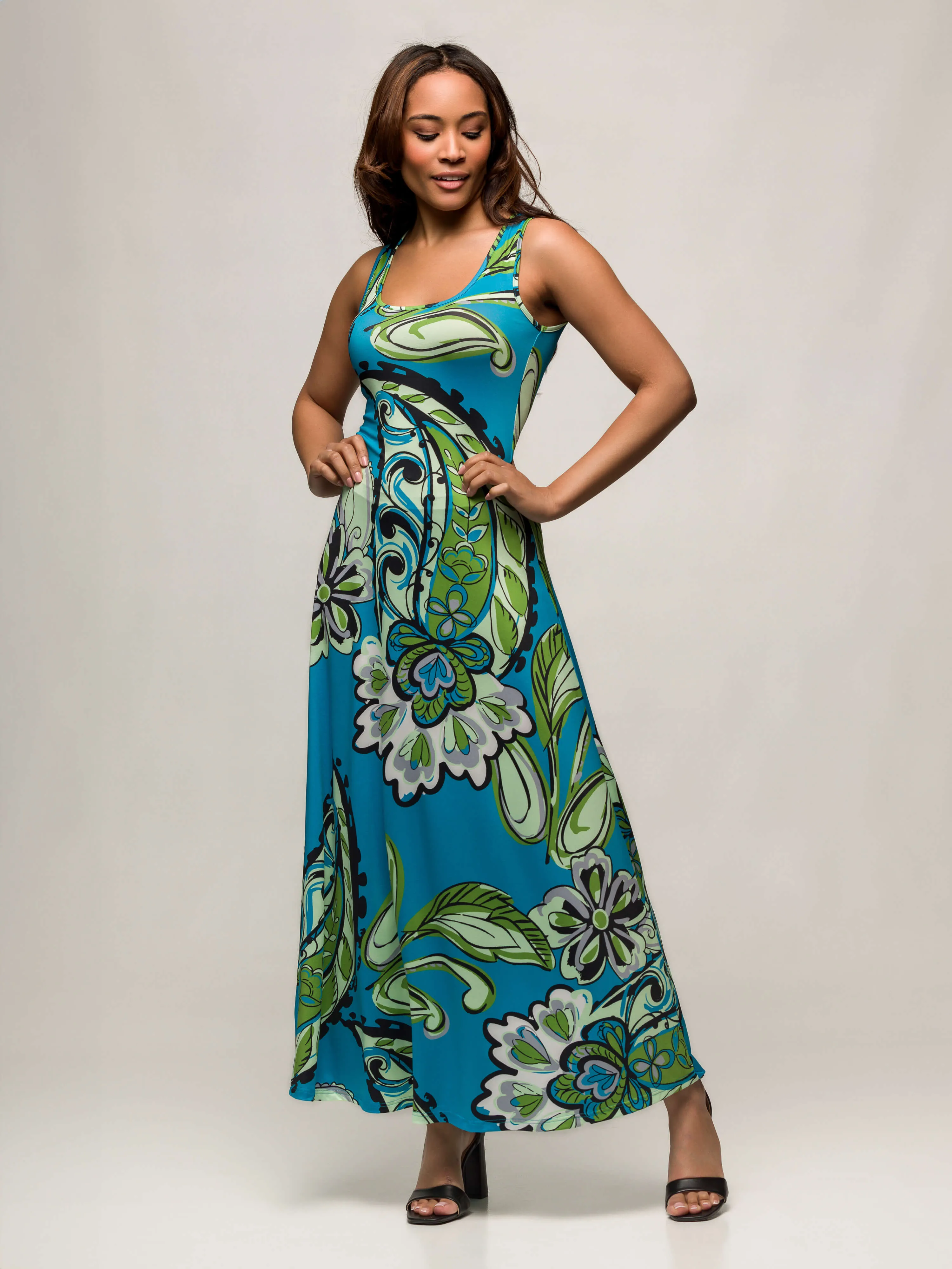 24seven Comfort Apparel Womens Blue Paisley Print Scoop Neck A Line Sleeveless Maxi Dress sold by 24/7 Comfort Apparel product image thumbnail 4