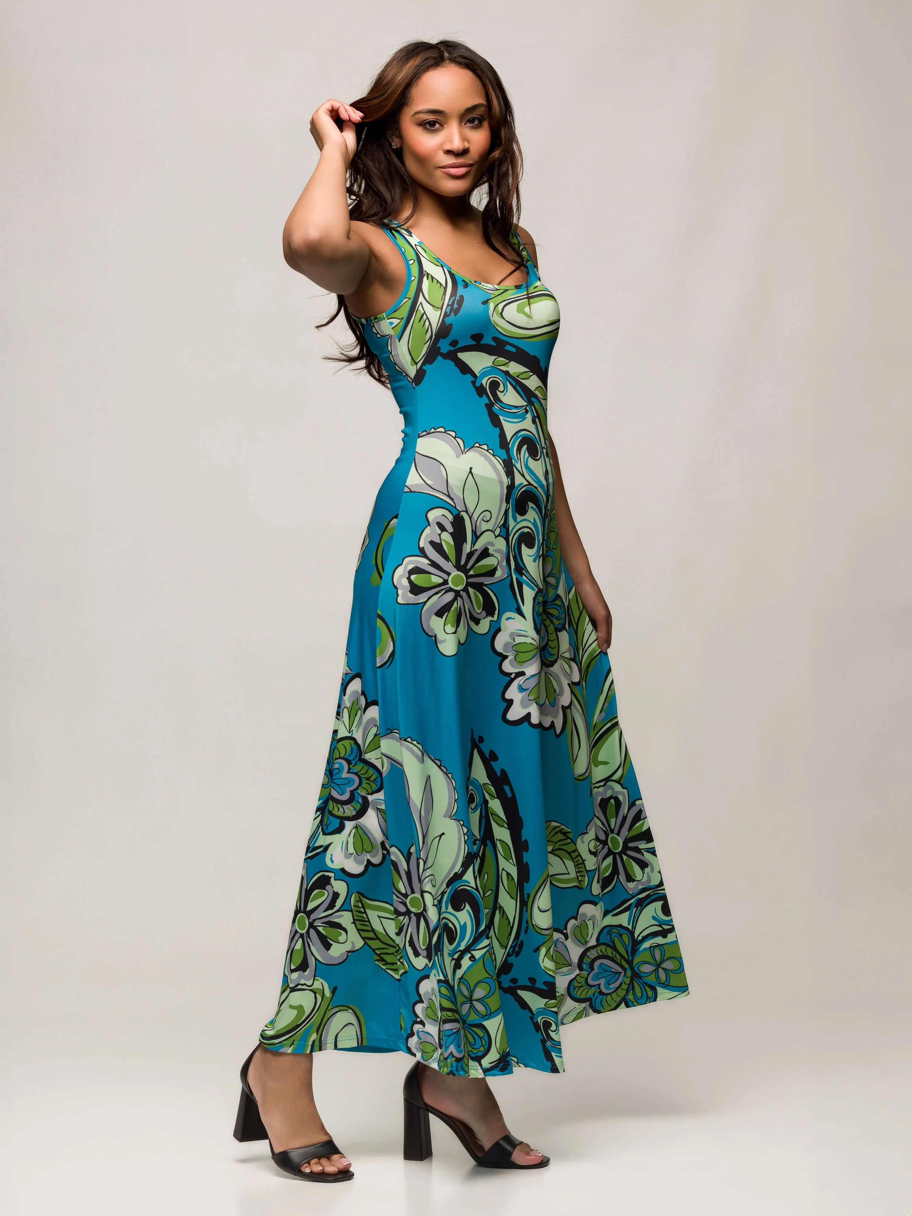 24seven Comfort Apparel Womens Blue Paisley Print Scoop Neck A Line Sleeveless Maxi Dress sold by 24/7 Comfort Apparel product image thumbnail 3