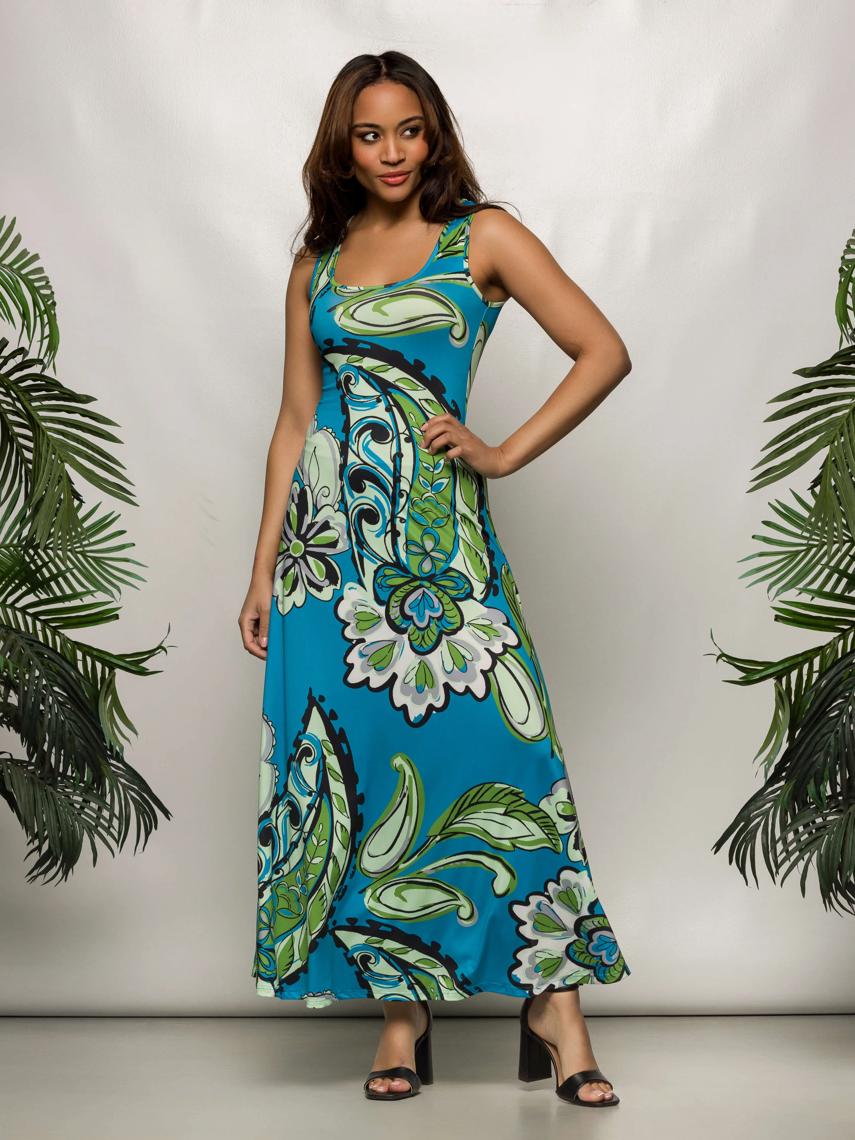 24seven Comfort Apparel Womens Blue Paisley Print Scoop Neck A Line Sleeveless Maxi Dress sold by 24/7 Comfort Apparel