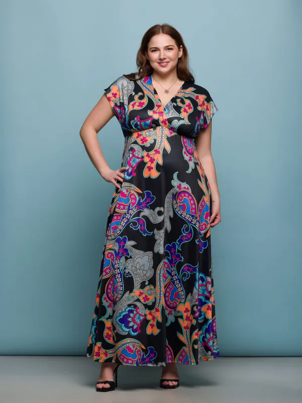 24seven Comfort Apparel Plus Size Black Paisley Print V Neck Empire Waist Cap Sleeve Maxi Dress sold by 24/7 Comfort Apparel