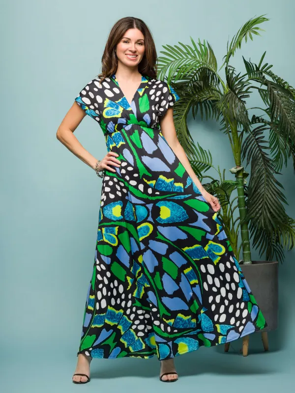 24seven Comfort Apparel Womens Blue Butterfly Print V Neck Empire Waist Cap Sleeve Maxi Dress sold by 24/7 Comfort Apparel