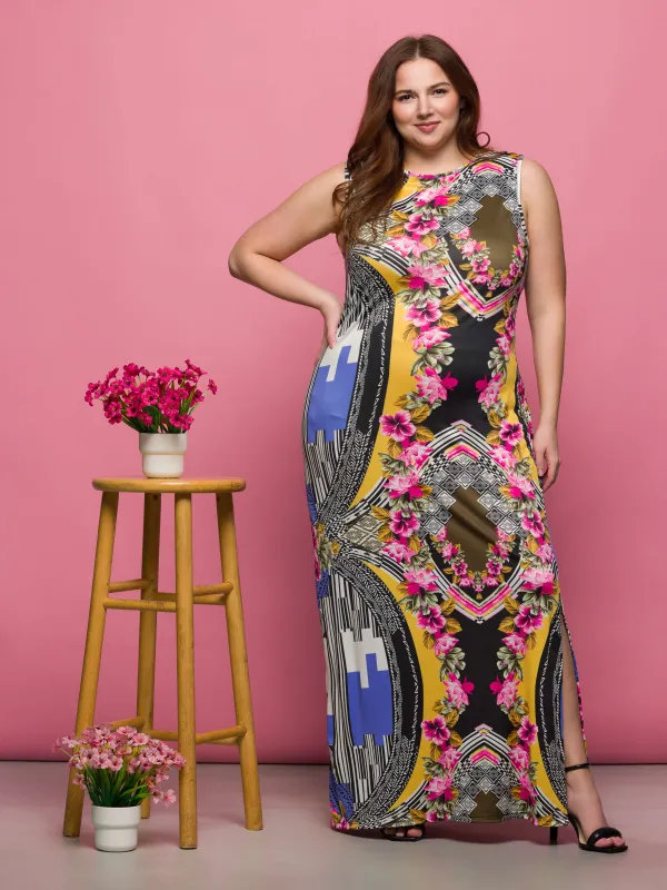 24seven Comfort Apparel Plus Size Geometric Floral Print Sleeveless Side Slit Maxi Dress sold by 24/7 Comfort Apparel