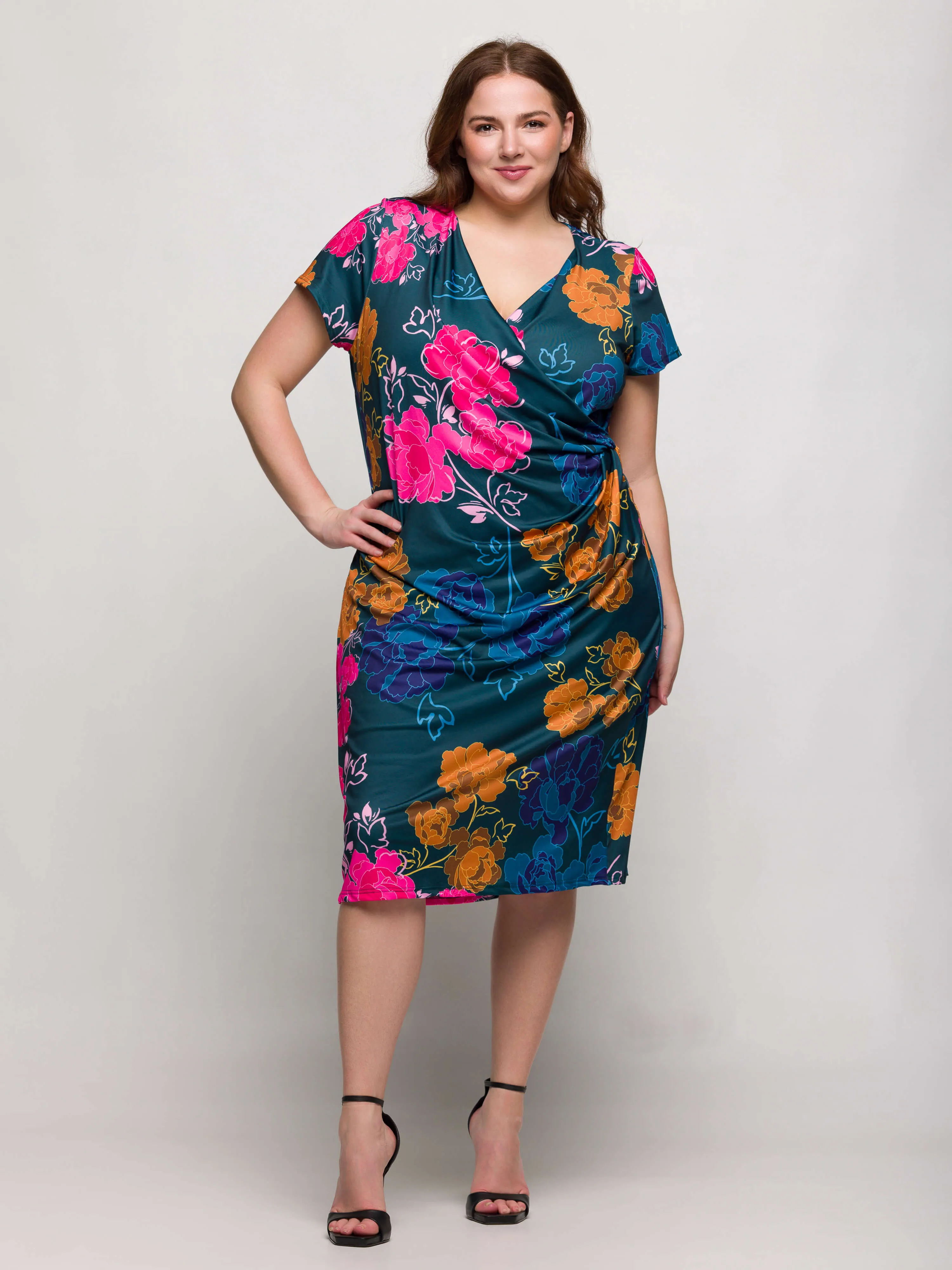 24seven Comfort Apparel Plus Size Blue Floral Knee Length Short Sleeve Faux Wrap Dress sold by 24/7 Comfort Apparel product image thumbnail 2