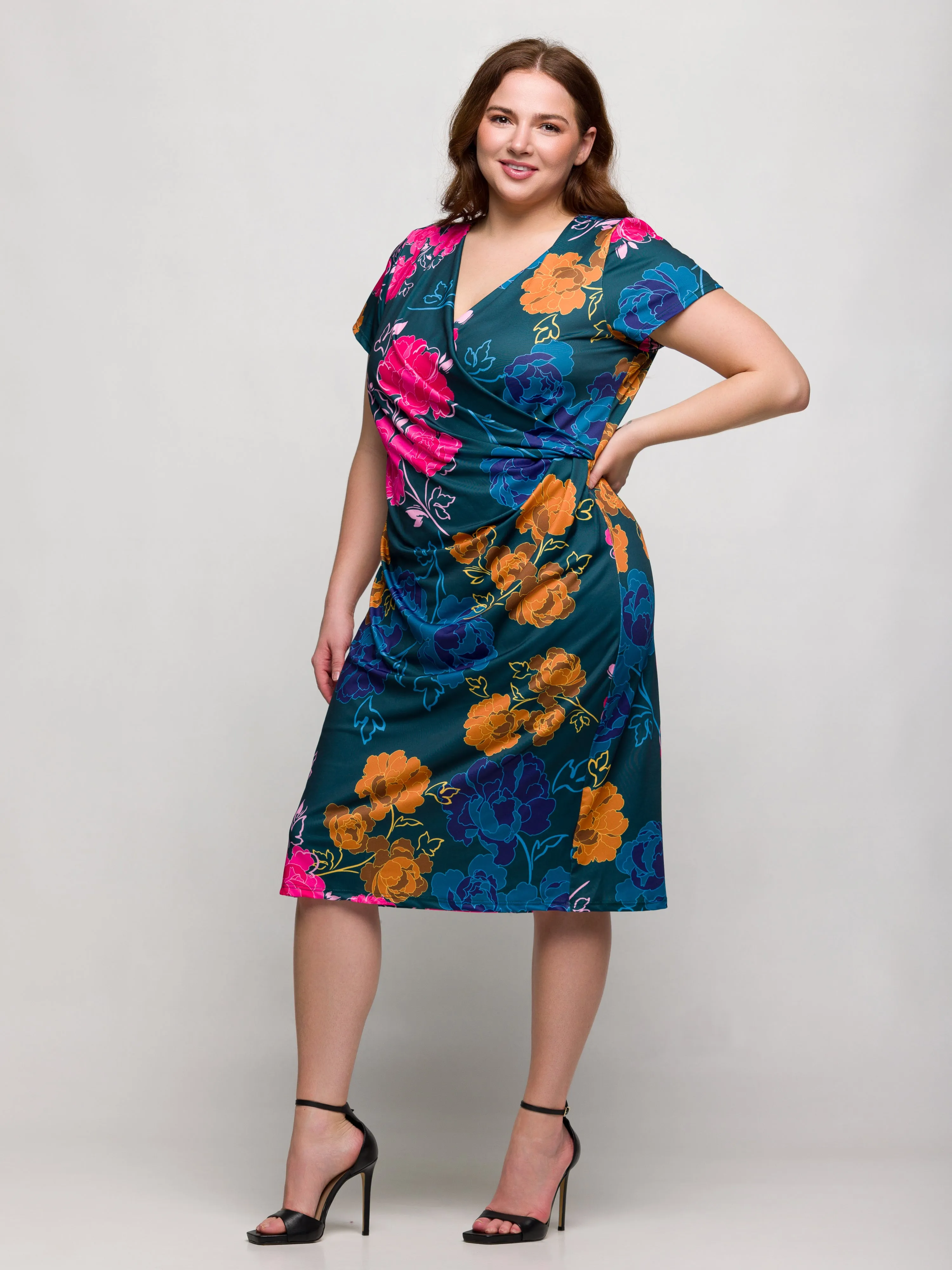 24seven Comfort Apparel Plus Size Blue Floral Knee Length Short Sleeve Faux Wrap Dress sold by 24/7 Comfort Apparel product image thumbnail 5