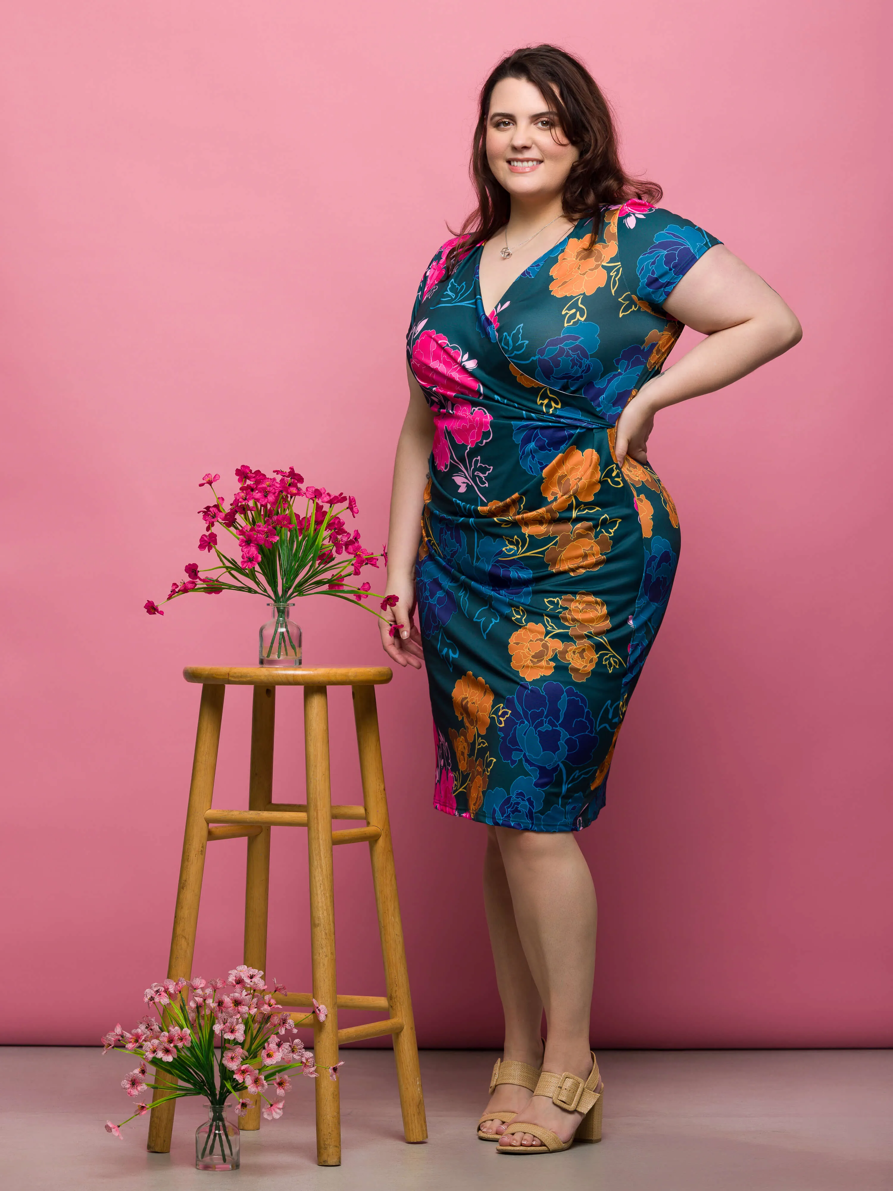 24seven Comfort Apparel Plus Size Blue Floral Knee Length Short Sleeve Faux Wrap Dress sold by 24/7 Comfort Apparel product image thumbnail 3