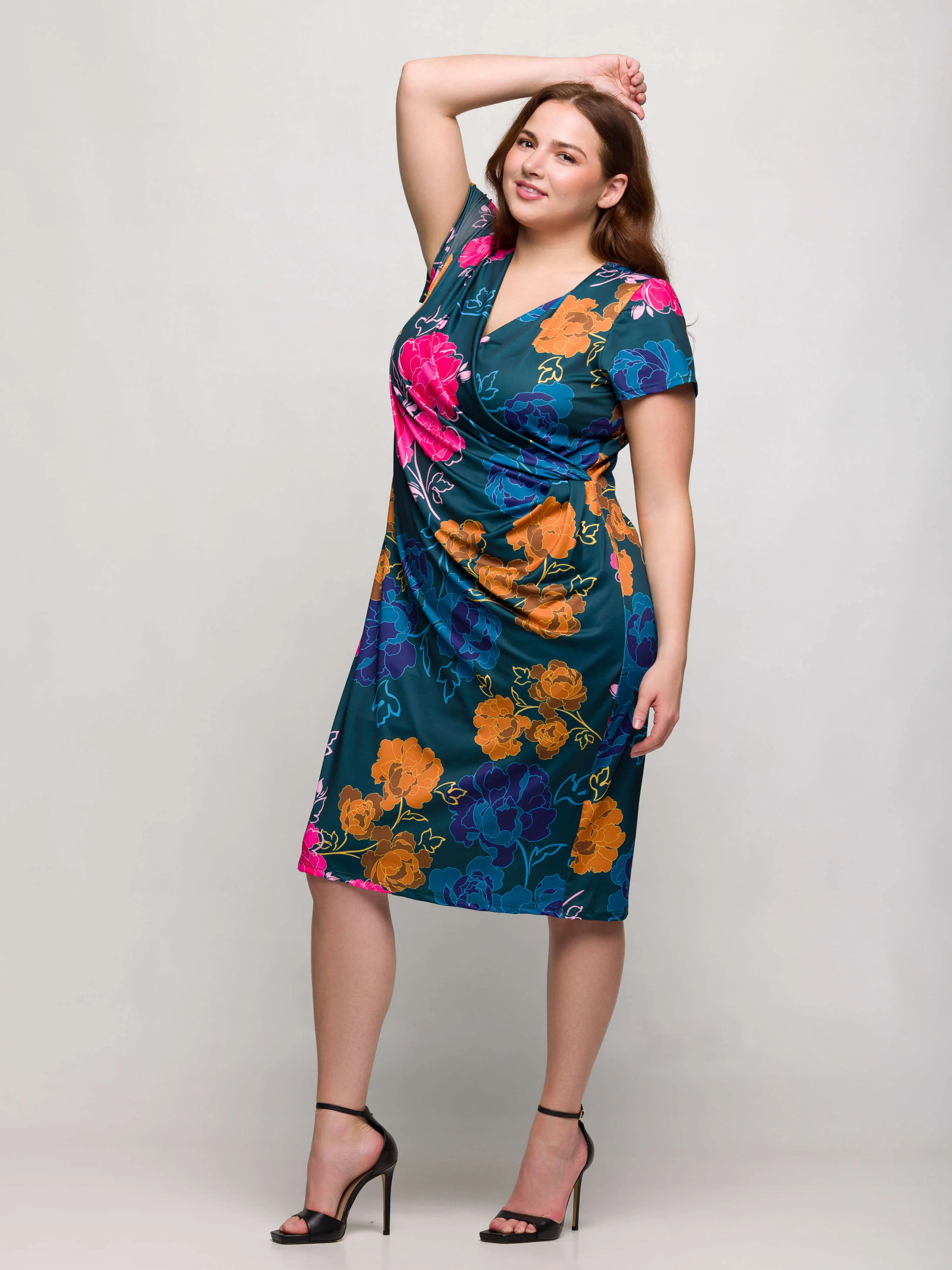24seven Comfort Apparel Plus Size Blue Floral Knee Length Short Sleeve Faux Wrap Dress sold by 24/7 Comfort Apparel product image thumbnail 4