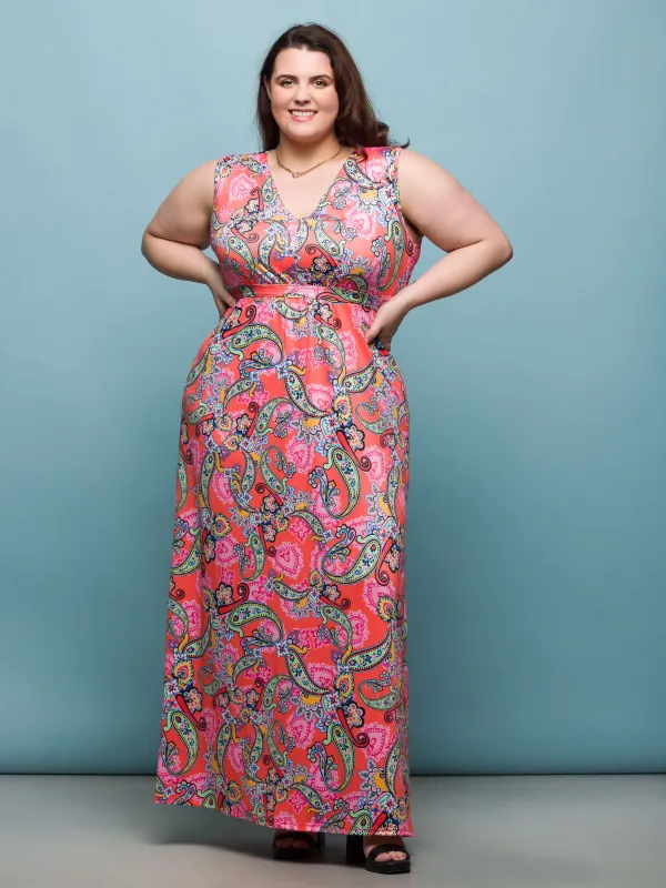 24seven Comfort Apparel Plus Size Pink Paisley Print V Neck Empire Waist Sleeveless Maxi Dress sold by 24/7 Comfort Apparel