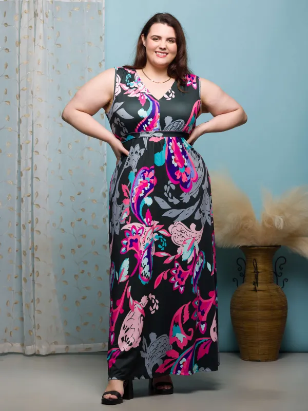 24seven Comfort Apparel Plus Size Black and Pink  Print V Neck Empire Waist Sleeveless Maxi Dress sold by 24/7 Comfort Apparel